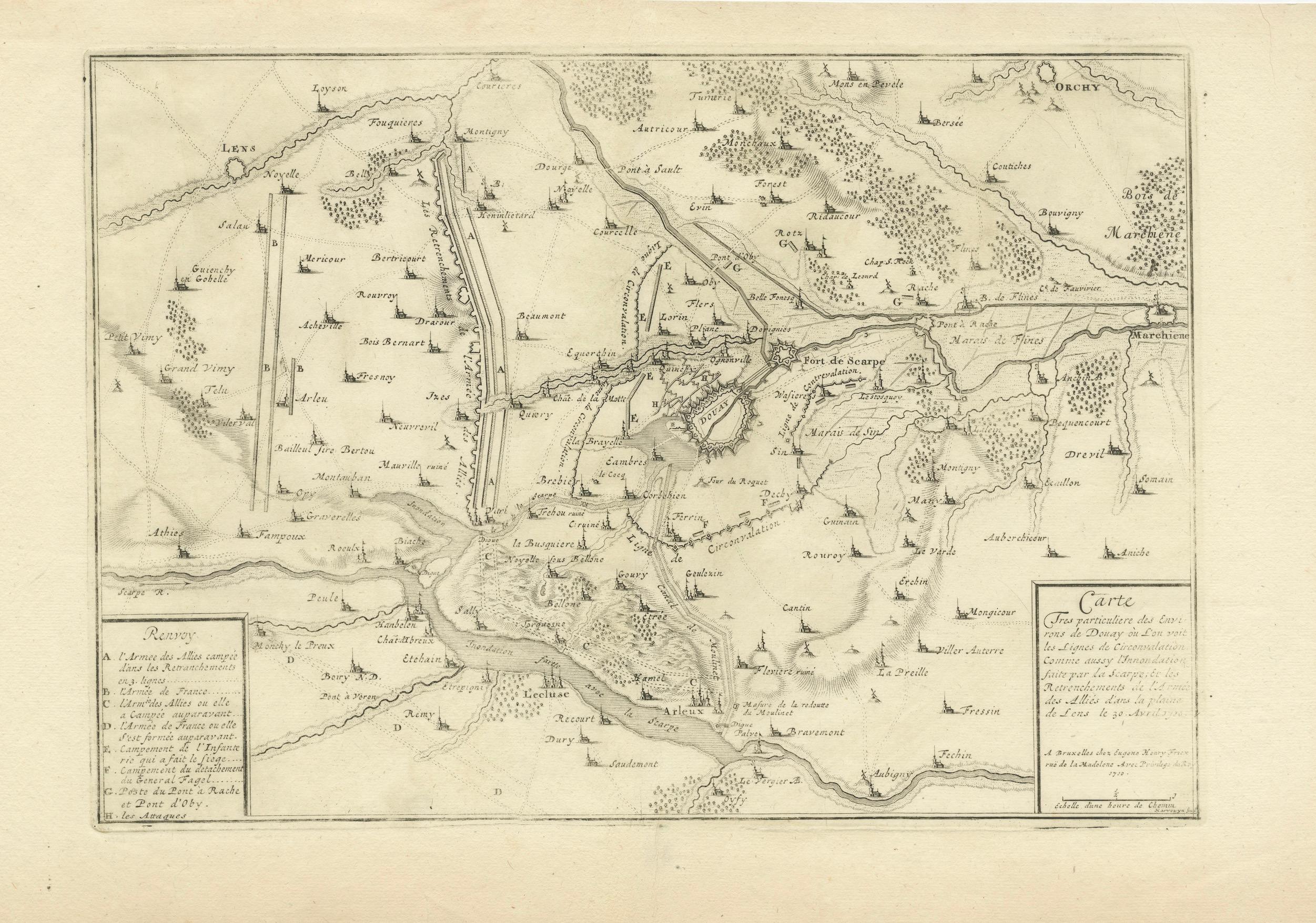 Carte détaillée des années 1720 - Siège de Douay et lignes de circonvallation, France en vente 2