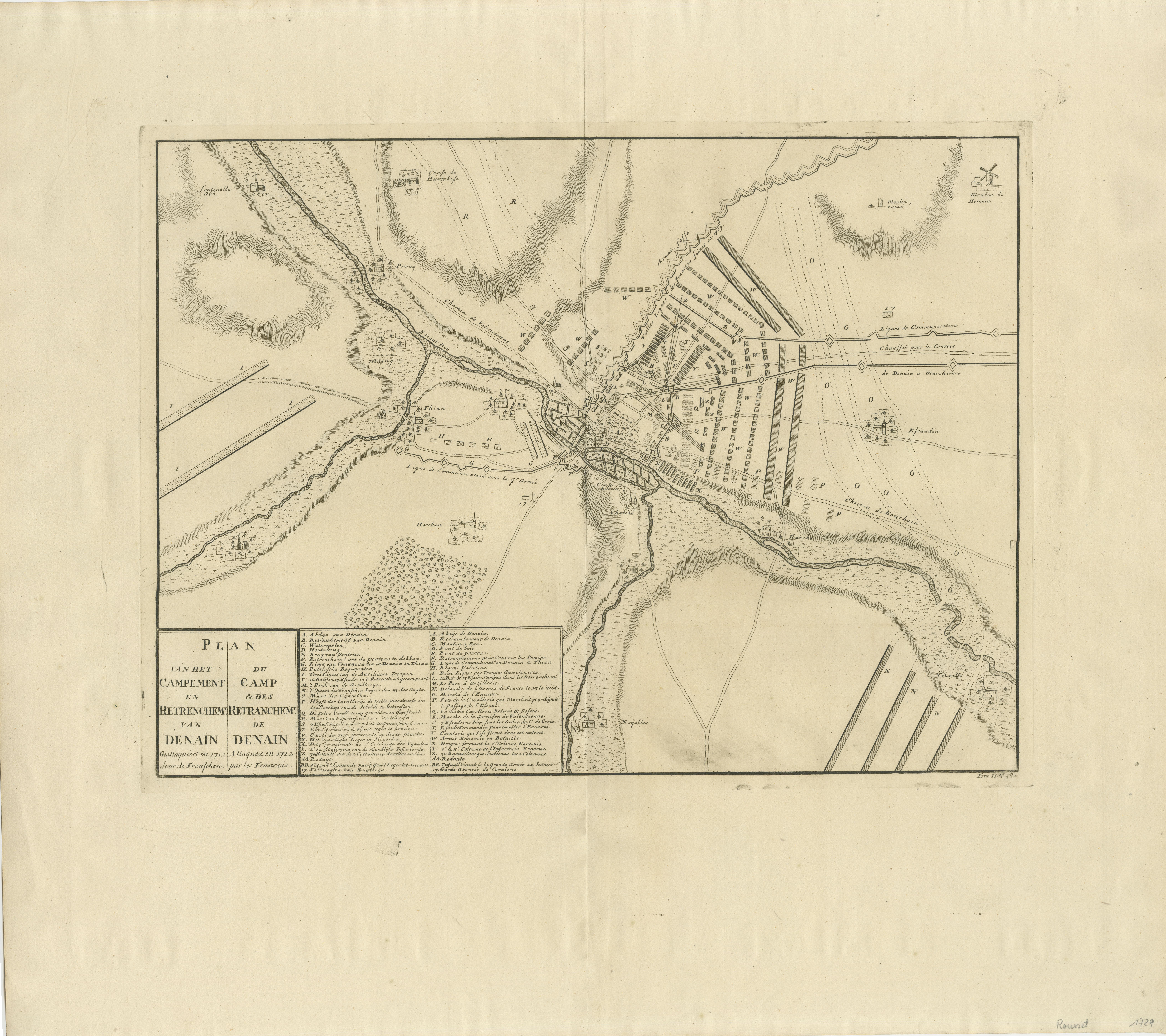 Carte du camp des alliés à Denain, France, Attaque de 1712 - Publiée en 1729

Cette carte gravée représente le camp des forces alliées à Denain, attaqué par les Français le 24 juillet 1712 pendant la guerre de Succession d'Espagne. Le titre se lit