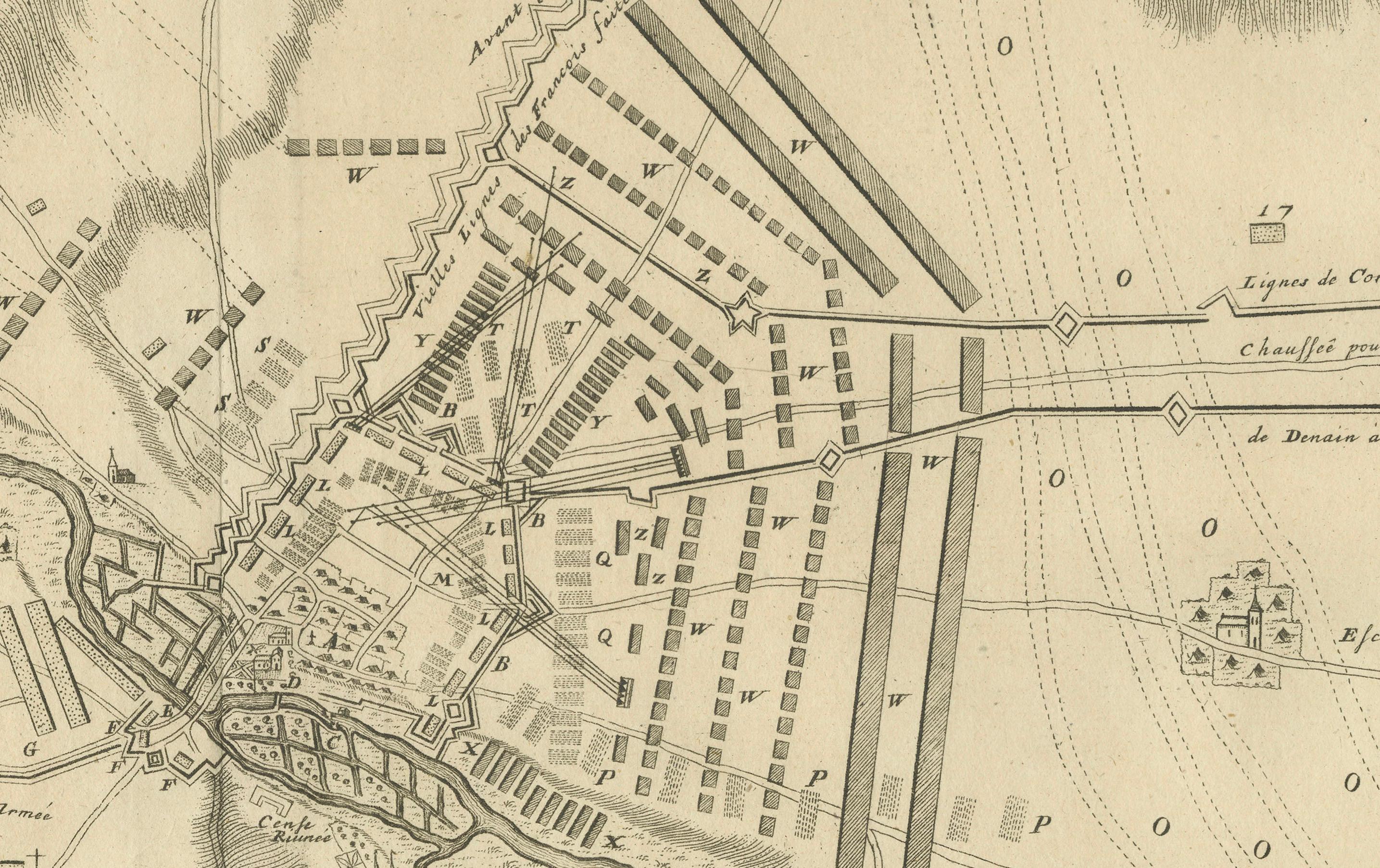 Néerlandais Carte détaillée de la bataille de 1729 - Camp de l'armée alliée à Denain France, siège de 1712 en vente