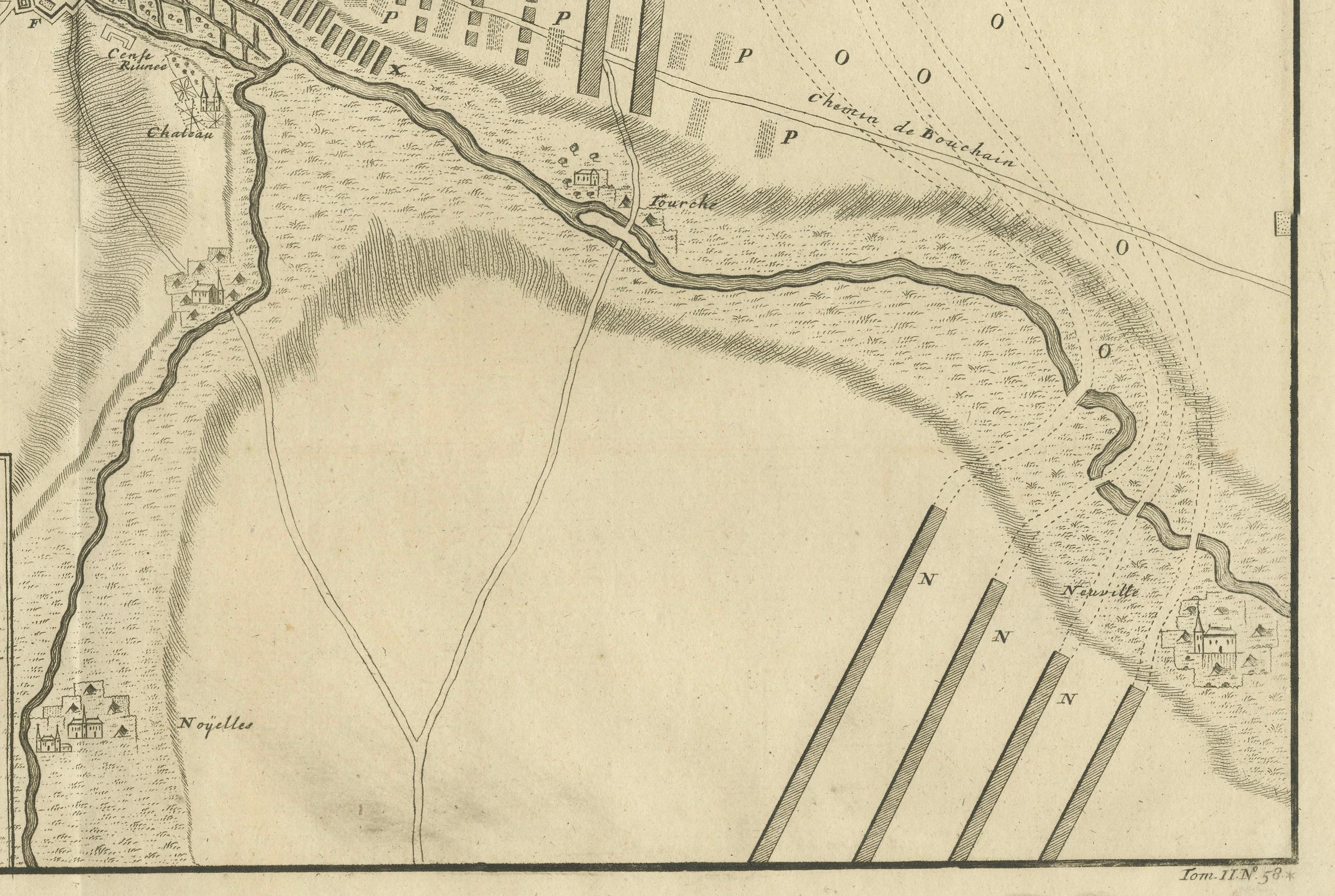 Gravé Carte détaillée de la bataille de 1729 - Camp de l'armée alliée à Denain France, siège de 1712 en vente