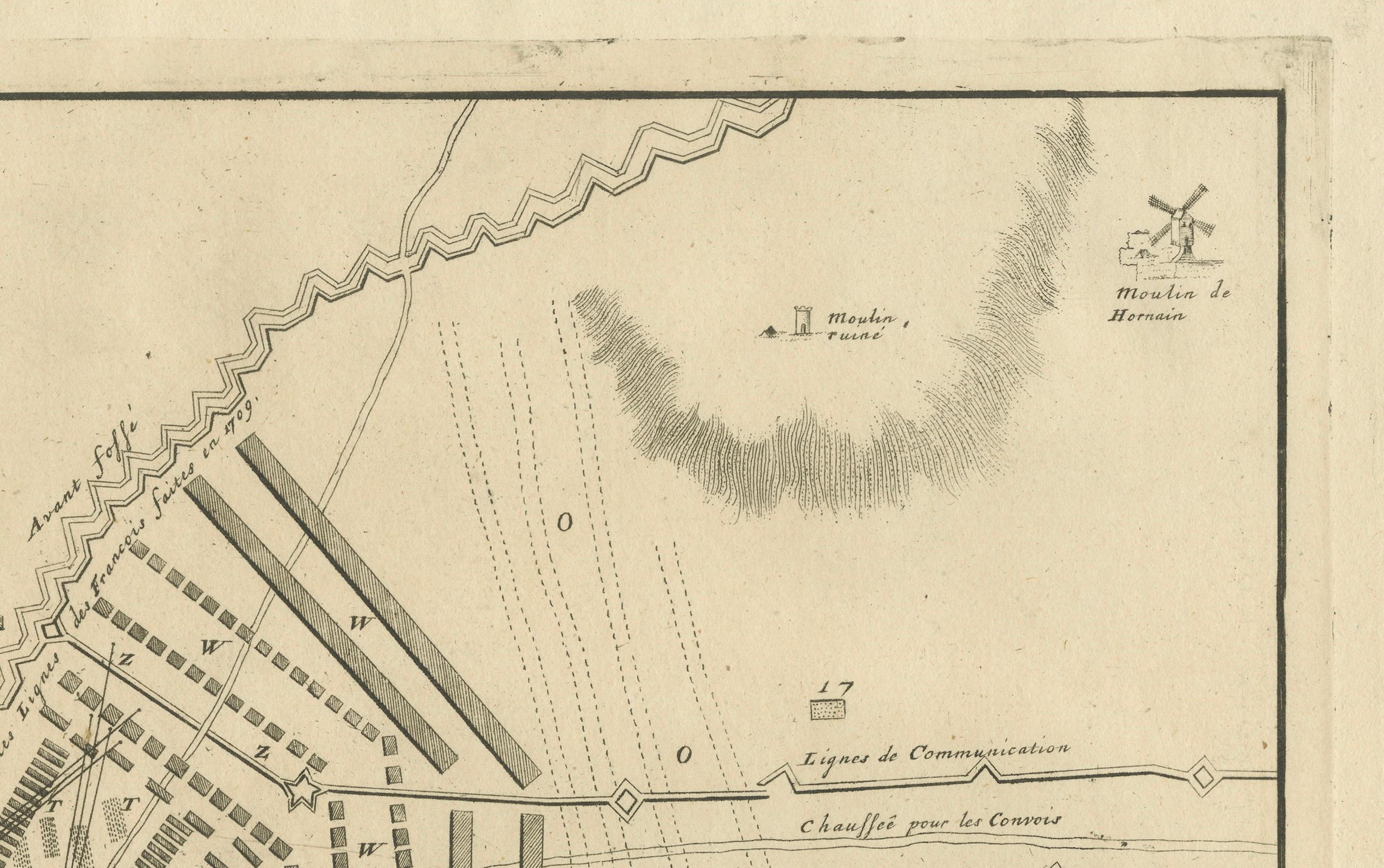 Carte détaillée de la bataille de 1729 - Camp de l'armée alliée à Denain France, siège de 1712 Bon état - En vente à Langweer, NL