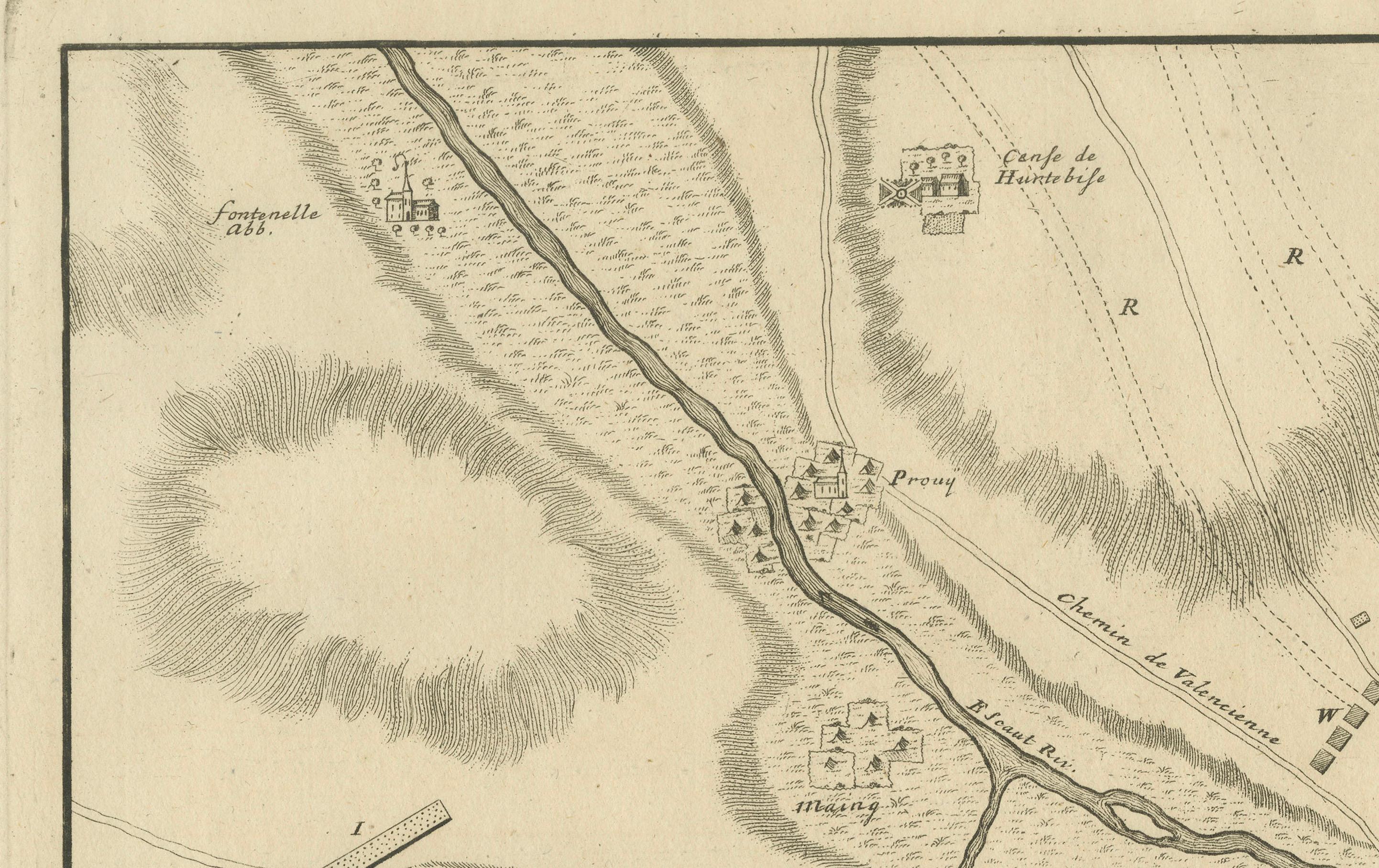 XVIIIe siècle Carte détaillée de la bataille de 1729 - Camp de l'armée alliée à Denain France, siège de 1712 en vente