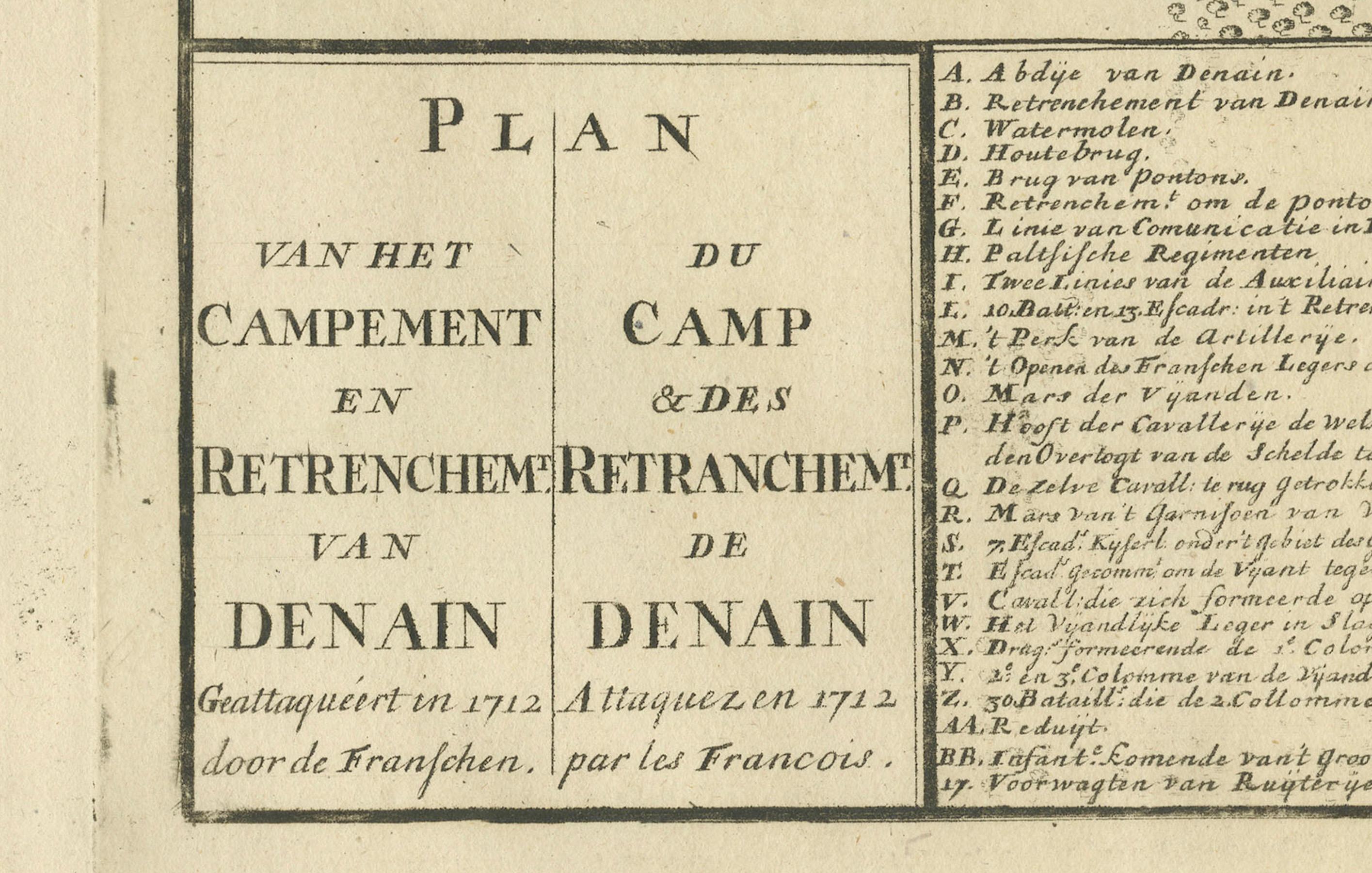 Papier Carte détaillée de la bataille de 1729 - Camp de l'armée alliée à Denain France, siège de 1712 en vente
