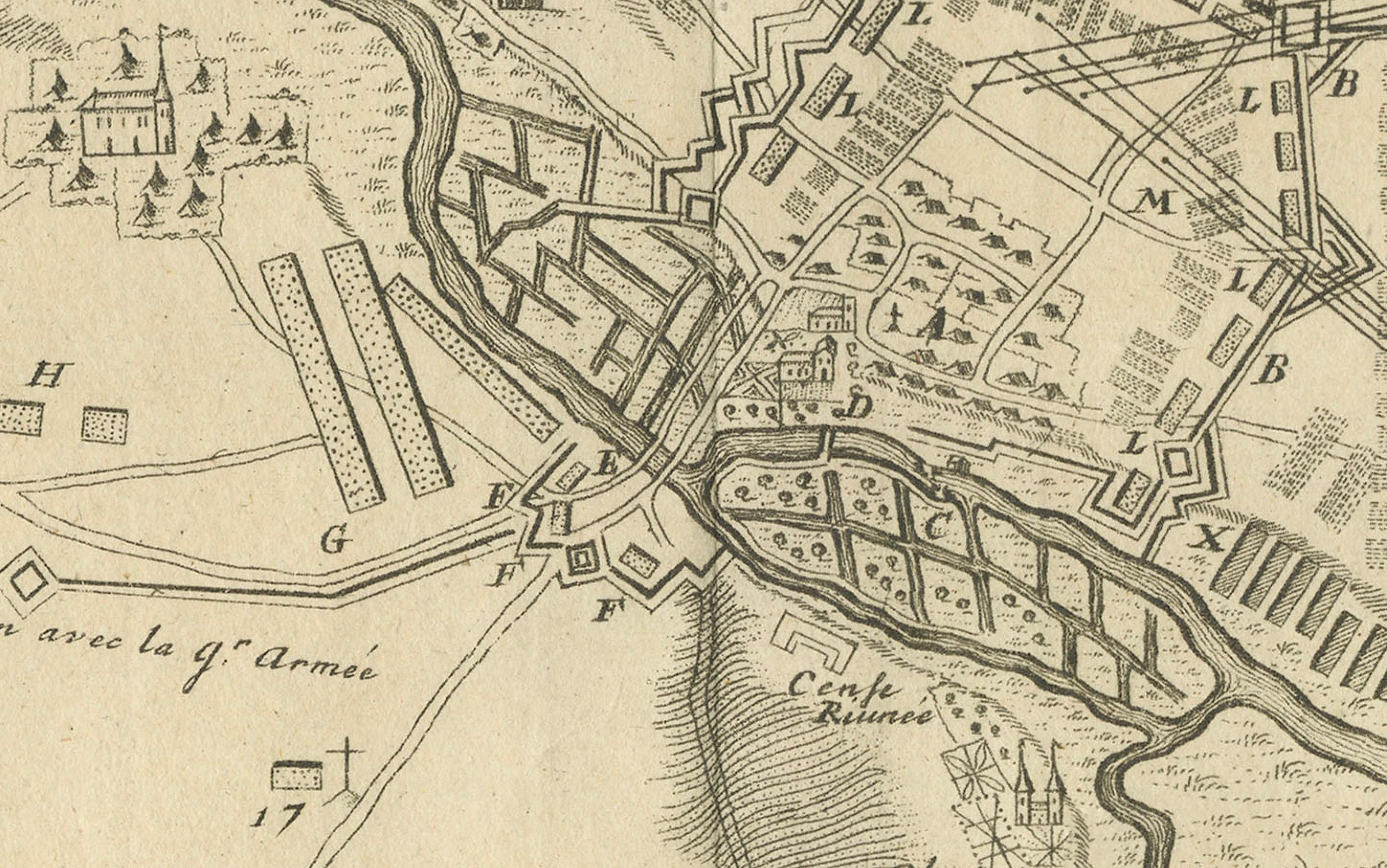 Carte détaillée de la bataille de 1729 - Camp de l'armée alliée à Denain France, siège de 1712 en vente 2