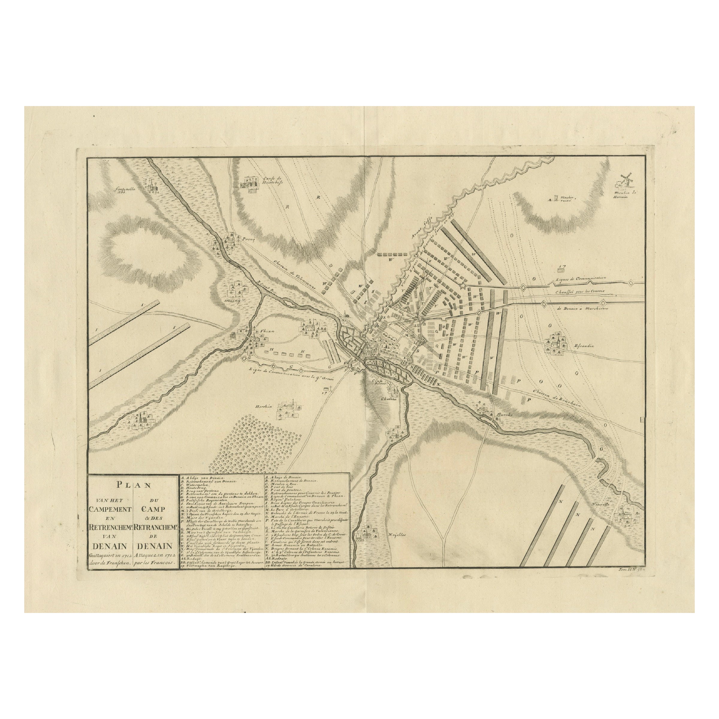 Carte détaillée de la bataille de 1729 - Camp de l'armée alliée à Denain France, siège de 1712 en vente