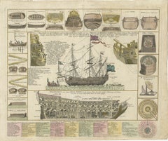 Impression maritime détaillée de 1730 avec outils, gréement et section croisée du navire
