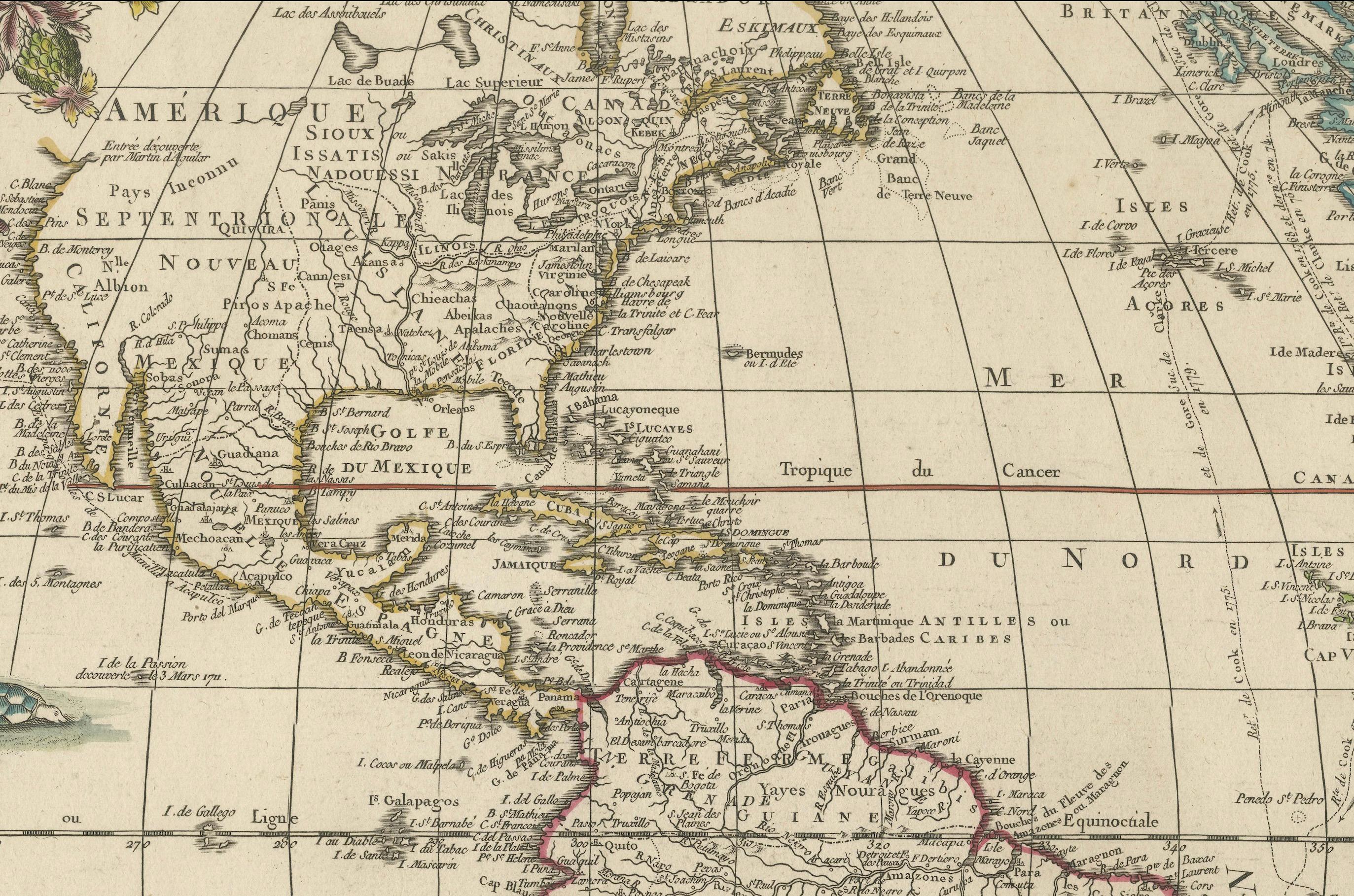 Paper Detailed 1795 Map of the Americas with Exploration Tracks and Nice Cartouche For Sale