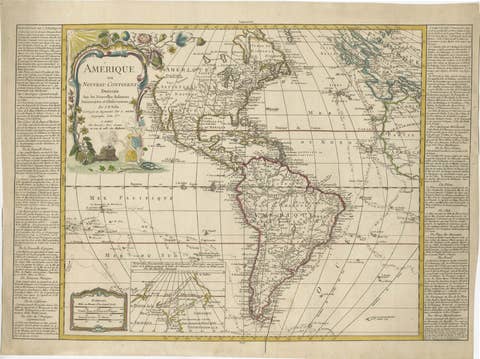 Detailed 1795 Map of the Americas with Exploration Tracks and Nice Cartouche