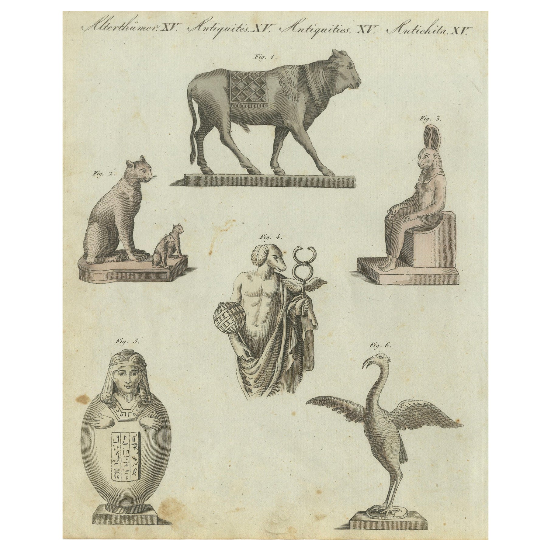 Detailed 1805 Engraving of Ancient Egyptian and Classical Artifacts from Bertuch