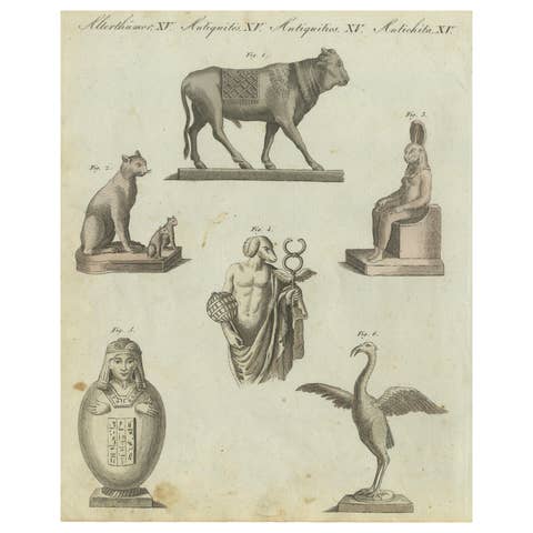 Detailed 1805 Engraving of Ancient Egyptian and Classical Artifacts from Bertuch
