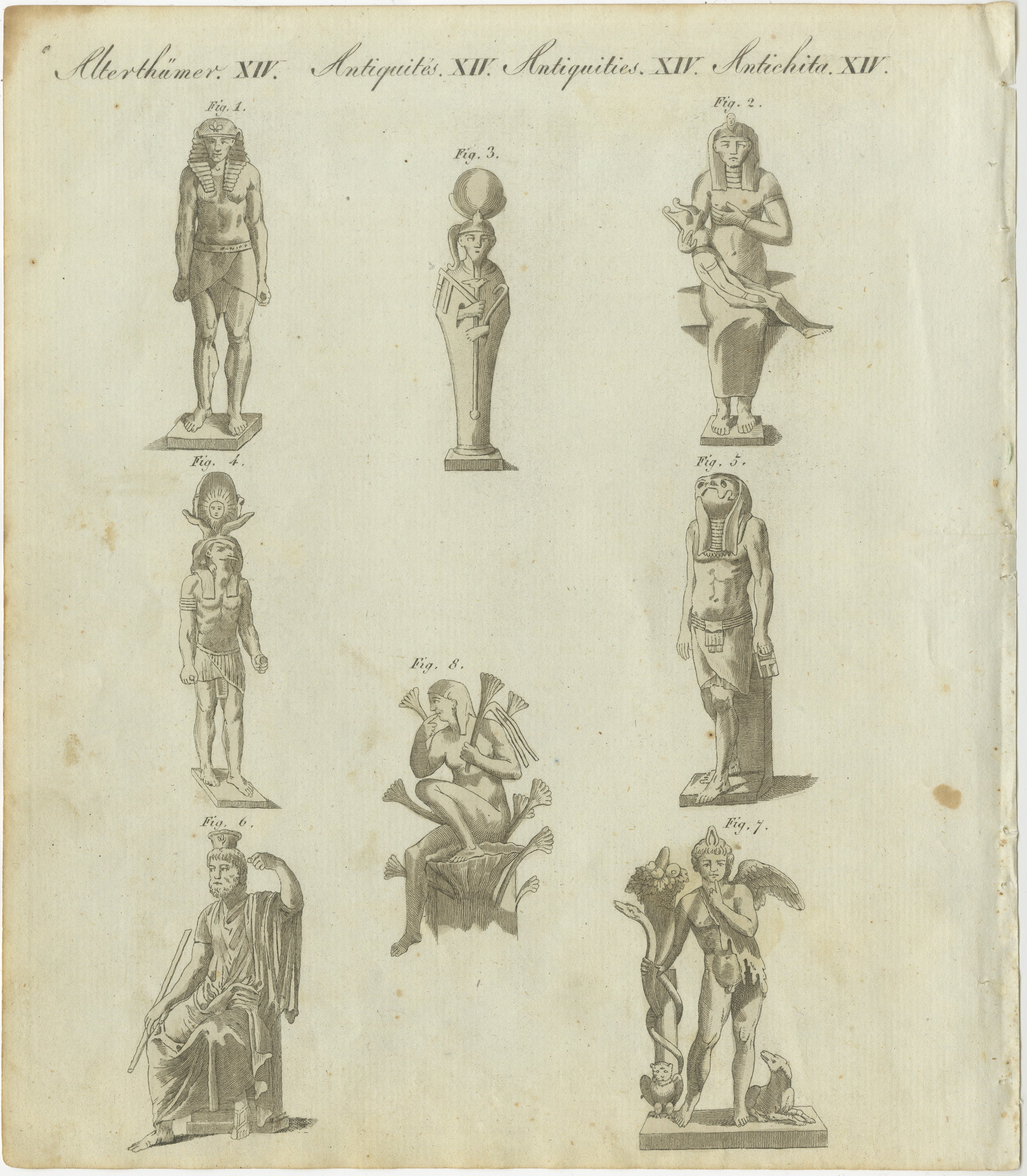 Titel: Detaillierter Kupferstich von 1805 mit antiken Statuen und Gottheiten aus Bertuchs Werk  

Beschreibung:  
Dieser bezaubernde Stich aus Friedrich Justin Bertuchs 1805 erschienener *Porte-Feuille des Enfants* (Kindermappe) zeigt eine Reihe