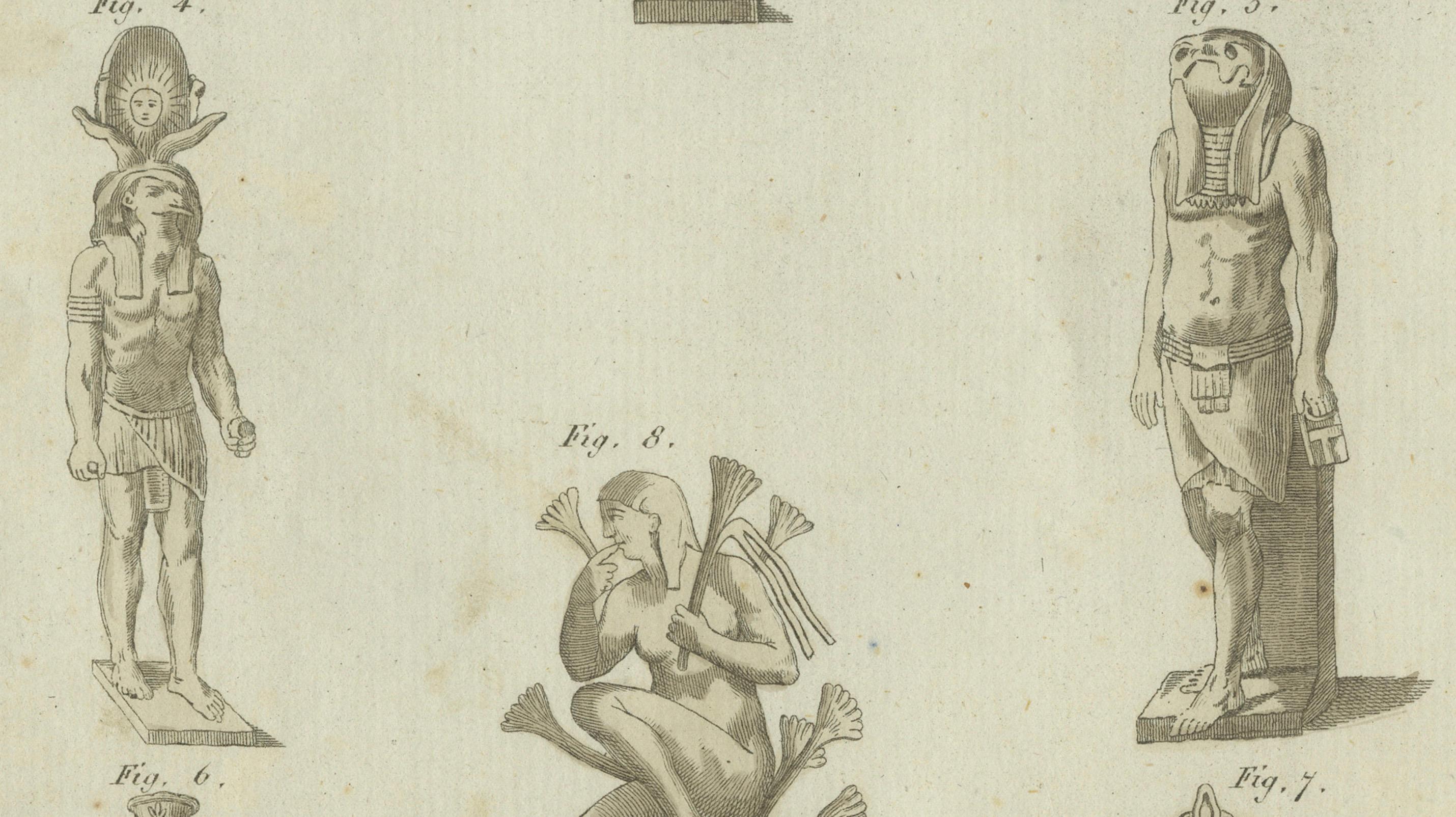 Detaillierter Kupferstich von 1805 mit antiken Statuen und Gottheiten aus Bertuchs Werk (Papier) im Angebot