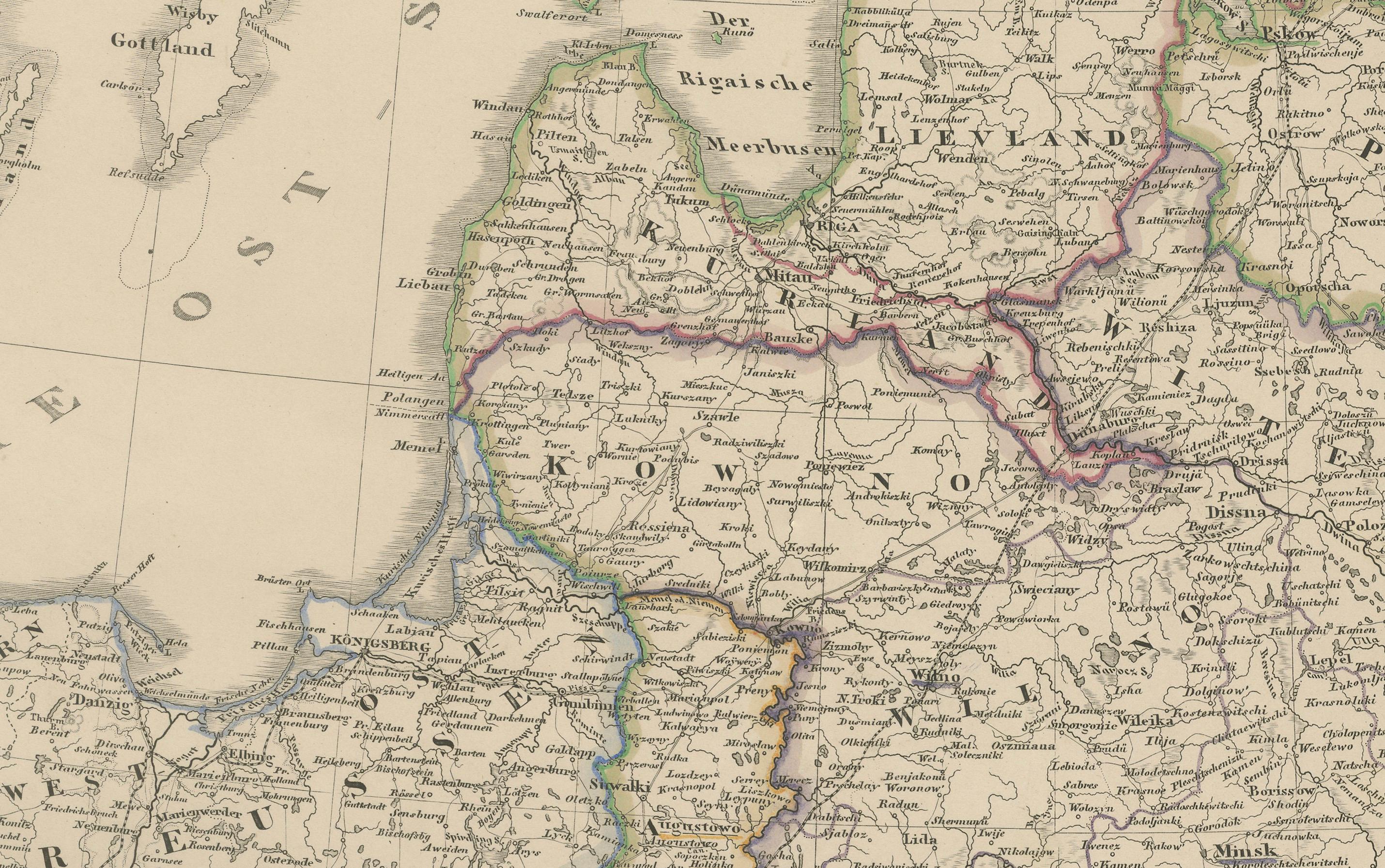 Allemand Carte détaillée de 1856 des Landes, de la Pologne et de la région de Moscou