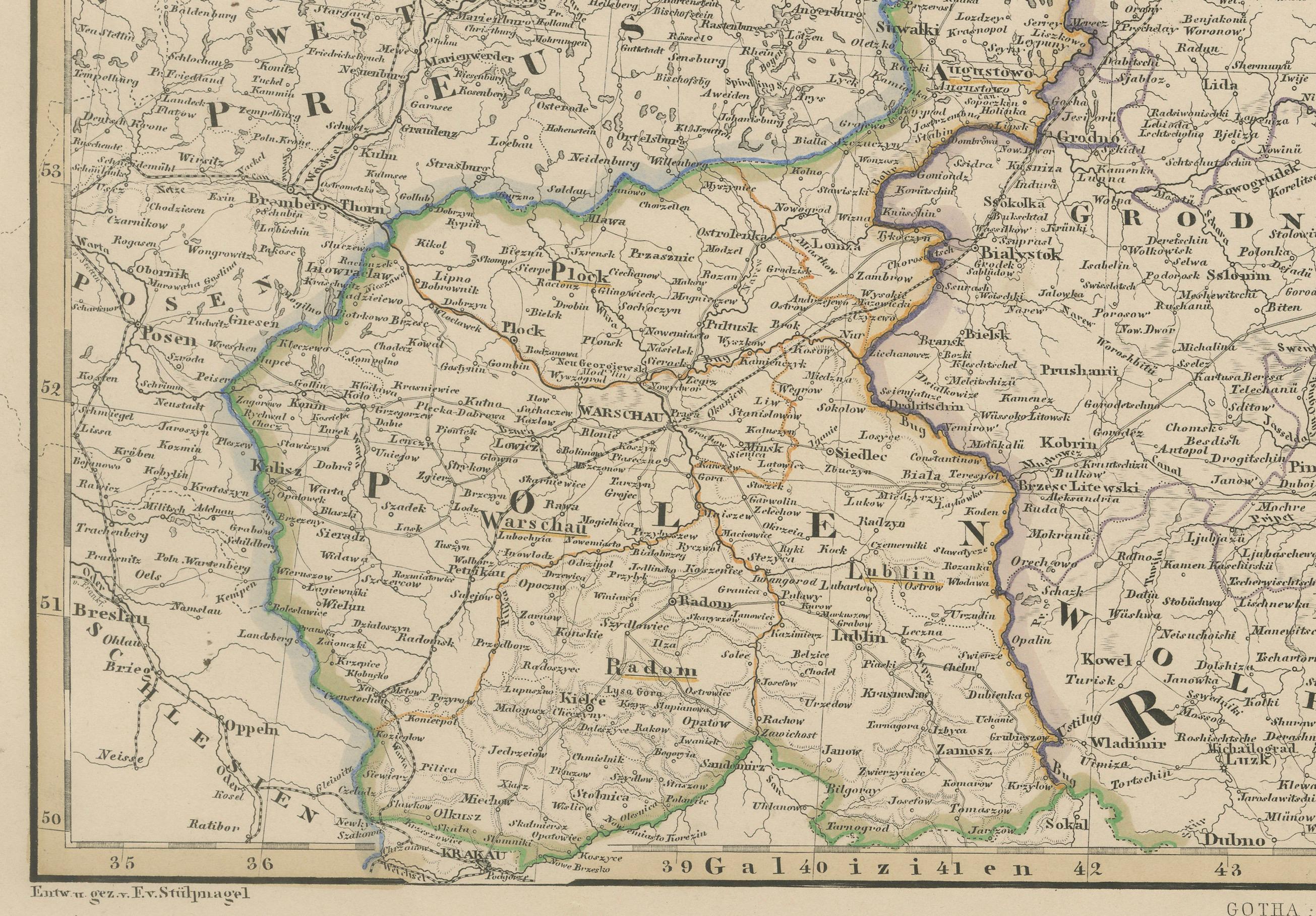 Gravé Carte détaillée de 1856 des Landes, de la Pologne et de la région de Moscou