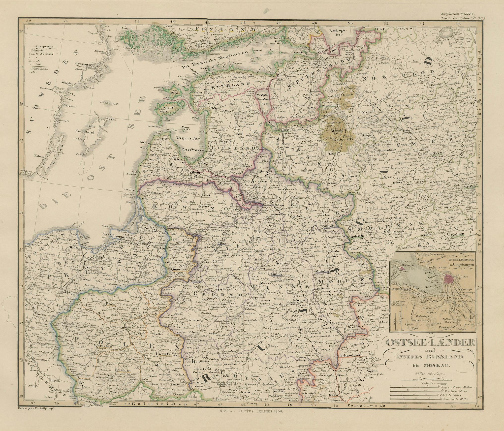 XIXe siècle Carte détaillée de 1856 des Landes, de la Pologne et de la région de Moscou