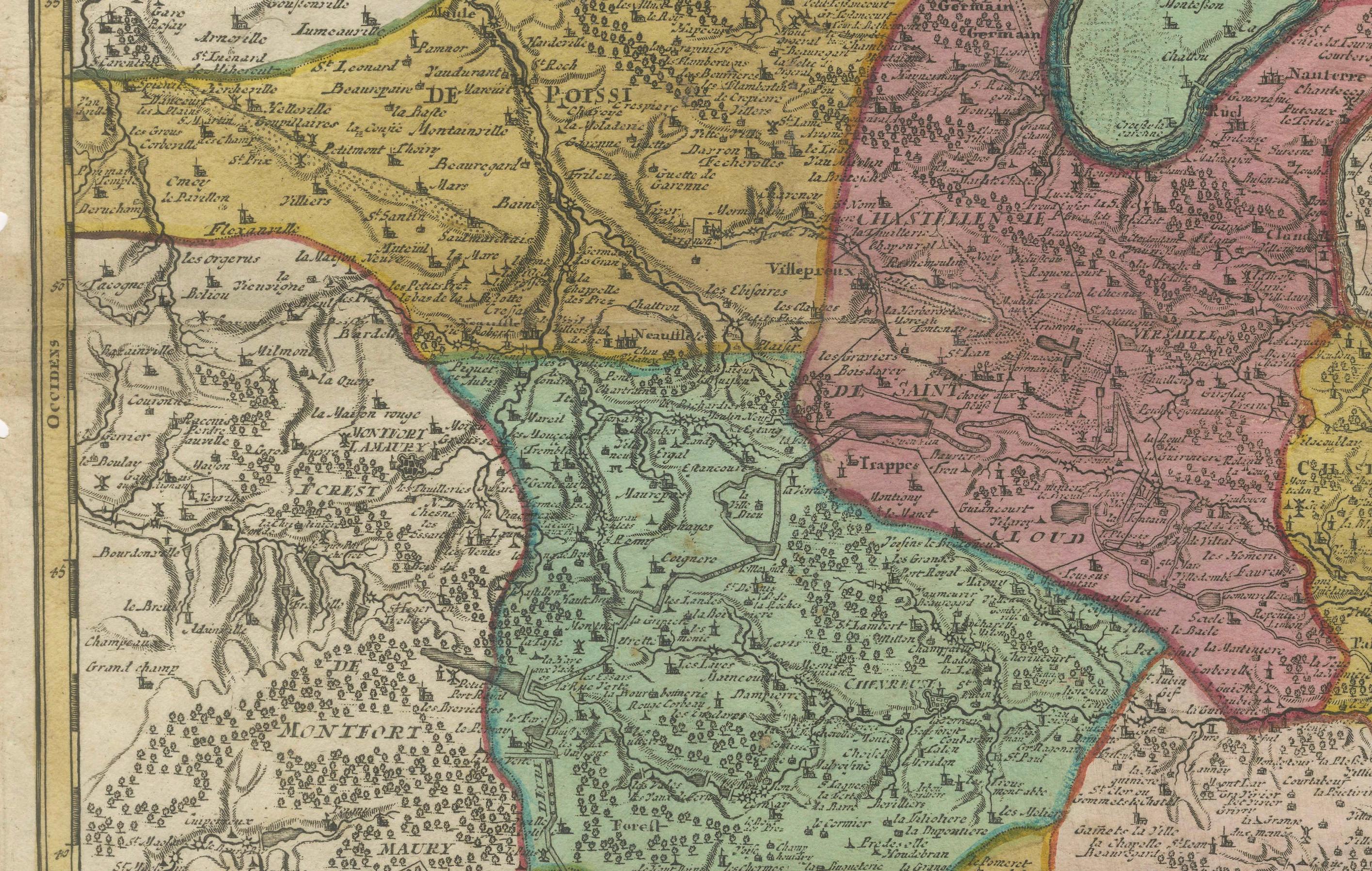 Detaillierte Karte von Paris und seinen umgebenden Regionen aus dem 18. Jahrhundert von Johann Homann (Graviert) im Angebot