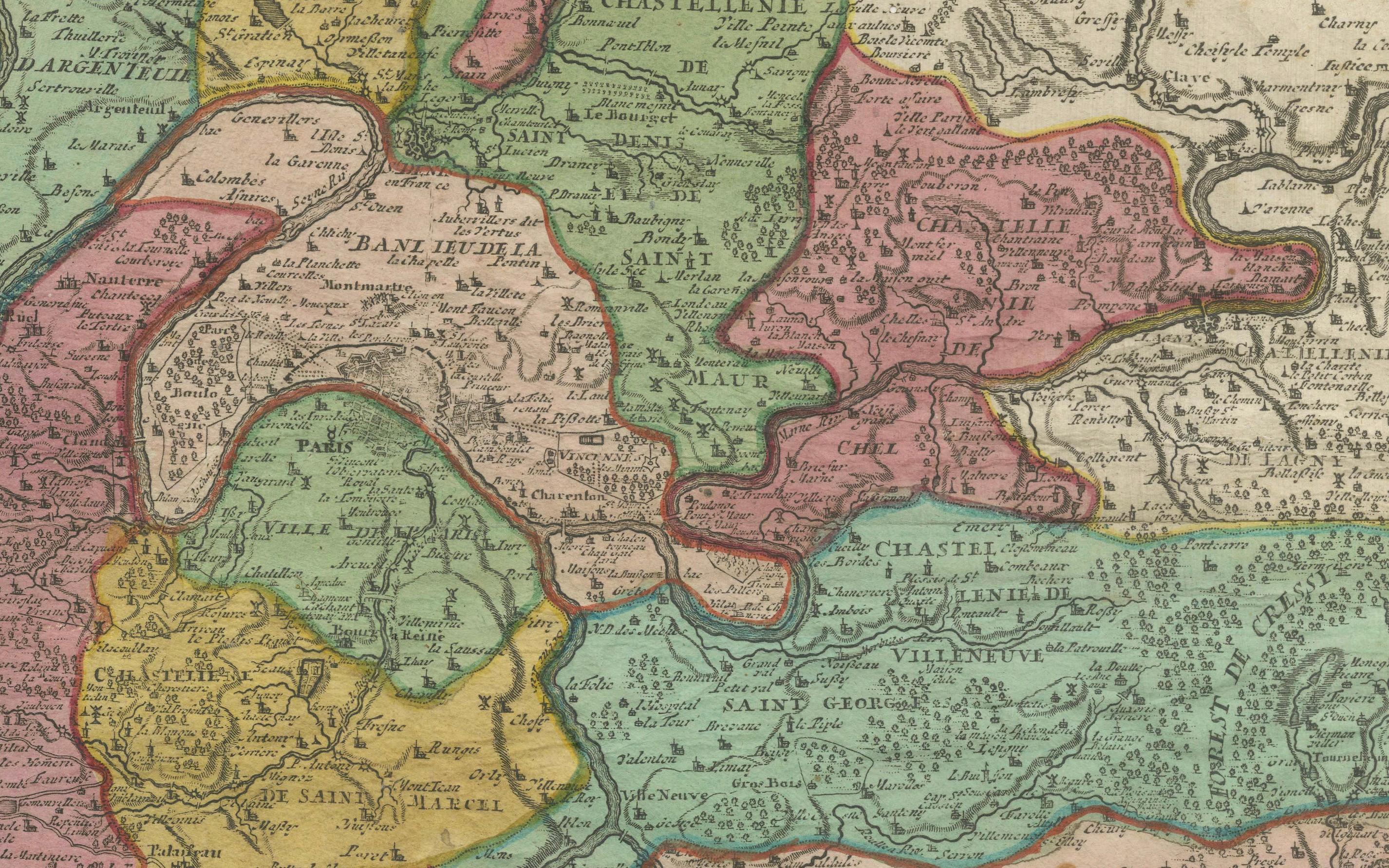 Detaillierte Karte von Paris und seinen umgebenden Regionen aus dem 18. Jahrhundert von Johann Homann (Papier) im Angebot