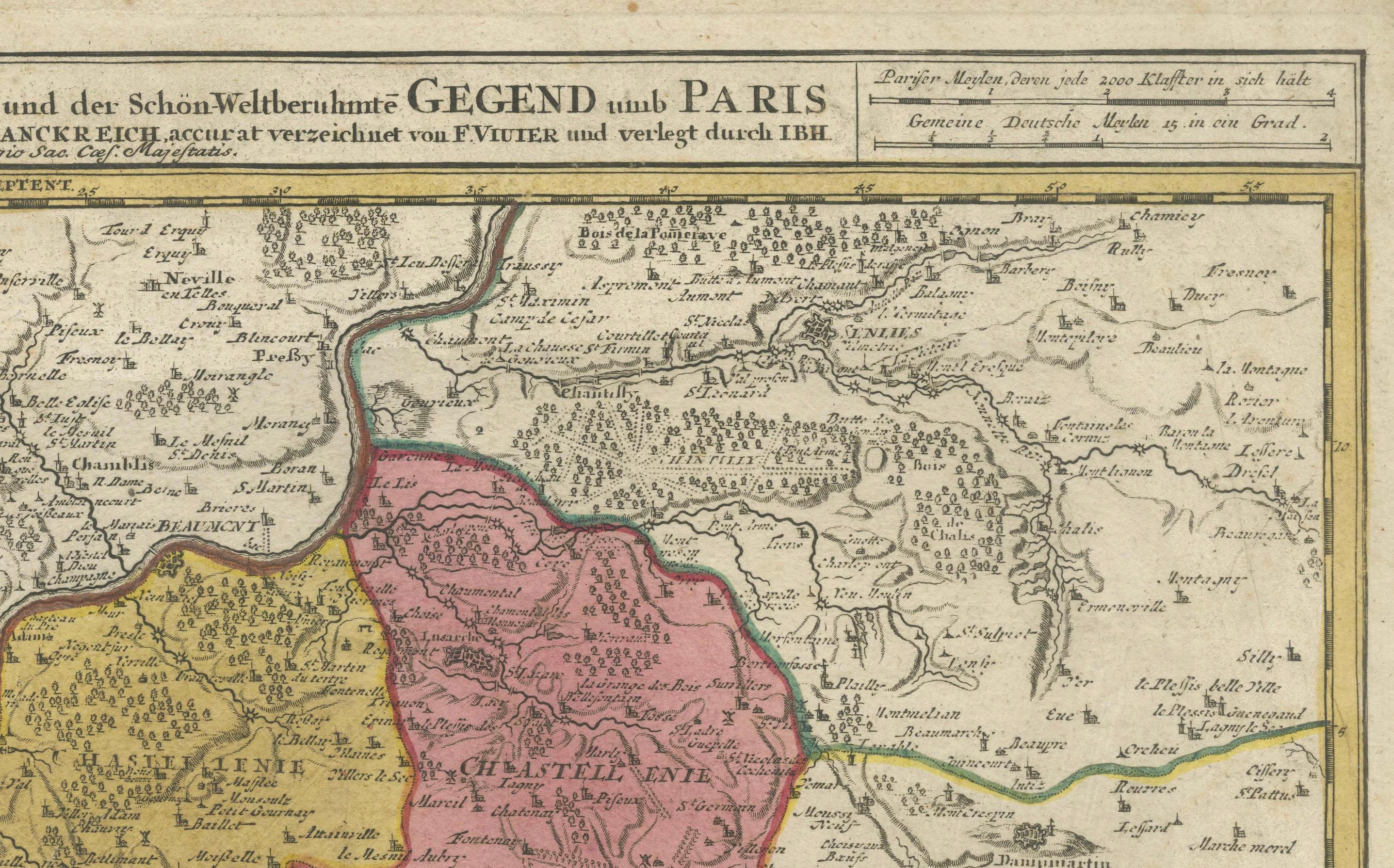 Detaillierte Karte von Paris und seinen umgebenden Regionen aus dem 18. Jahrhundert von Johann Homann im Angebot 1