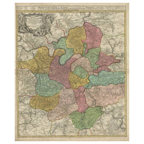 Detailed 18th-Century Map of Paris and Its Surrounding Regions by Johann Homann