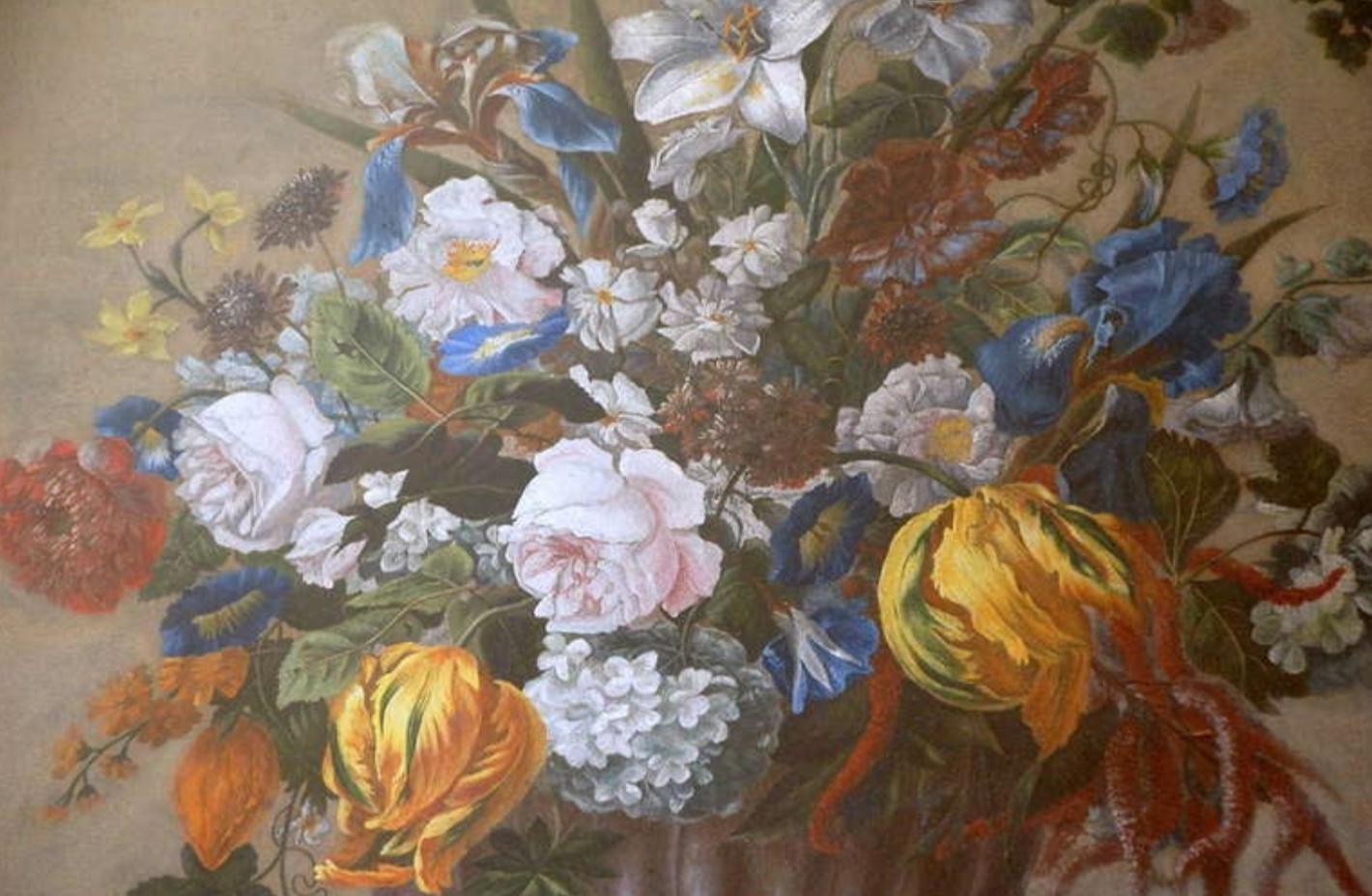 Detailed 18th Century Style Framed Pastel Bouquet Drawing In Good Condition For Sale In Los Angeles, CA