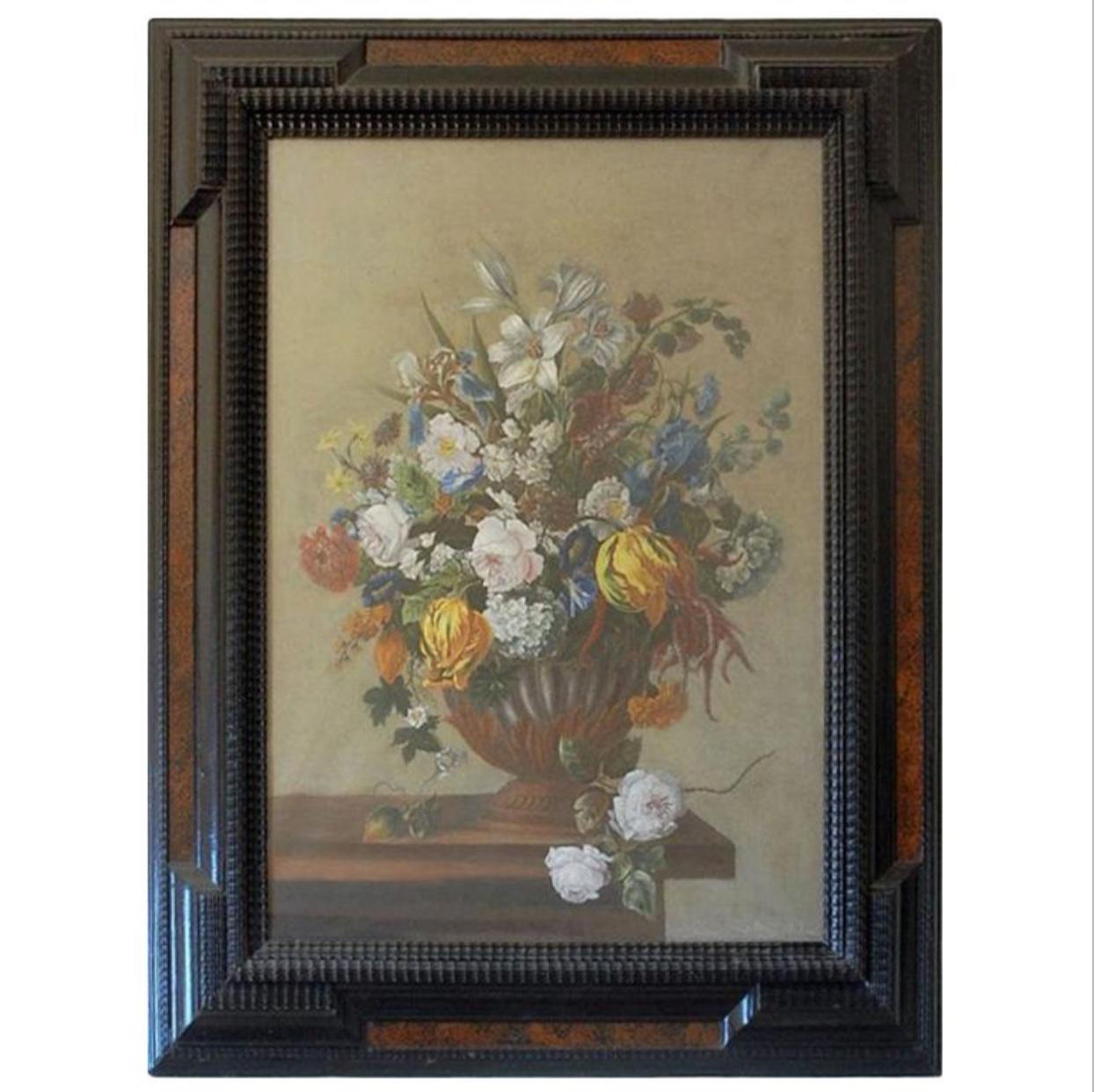 Detailed 18th Century Style Framed Pastel Bouquet Drawing