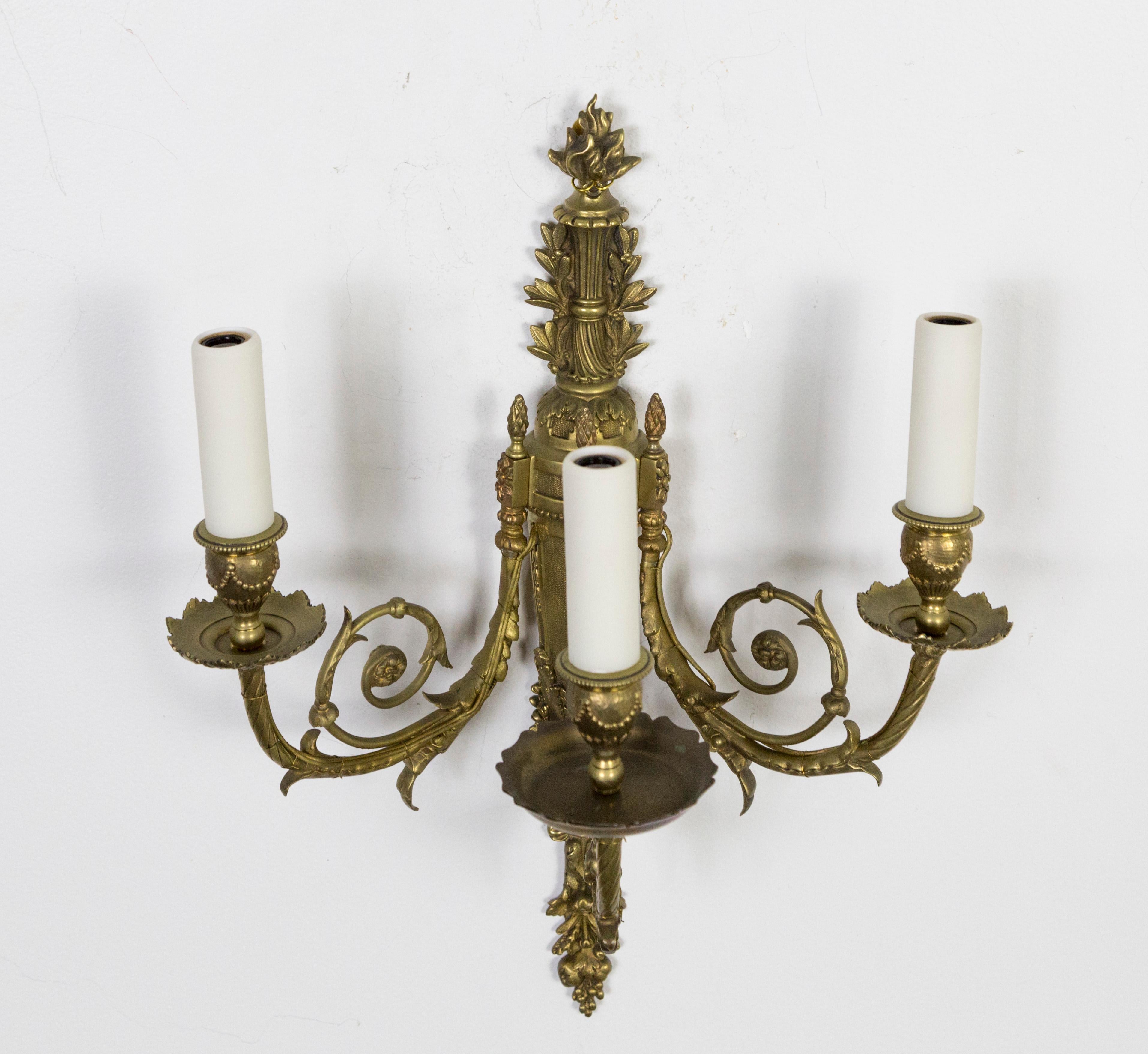 Detailed 2nd Empire Brass 3-Arm Sconces 'Pair' 5
