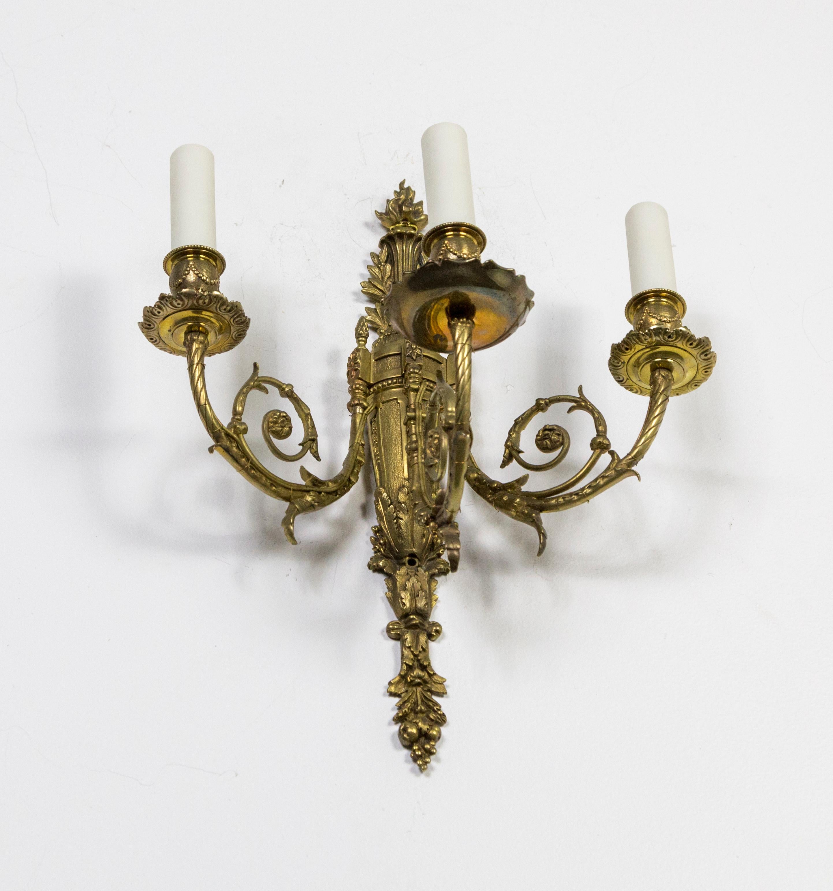 Detailed 2nd Empire Brass 3-Arm Sconces 'Pair' 6