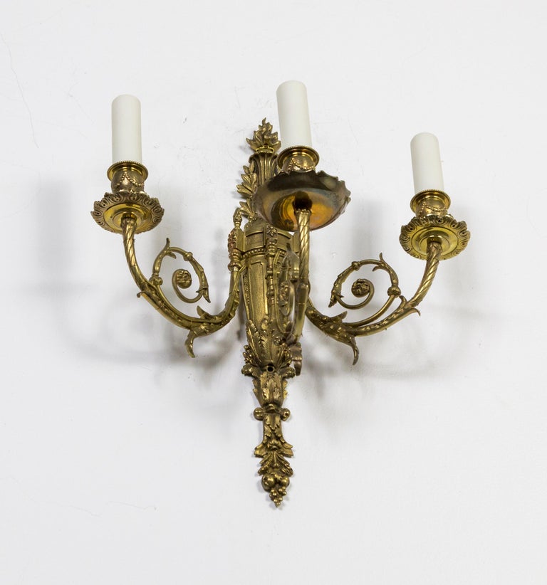 Detailed 2nd Empire Brass 3-Arm Sconces 'Pair' For Sale 6