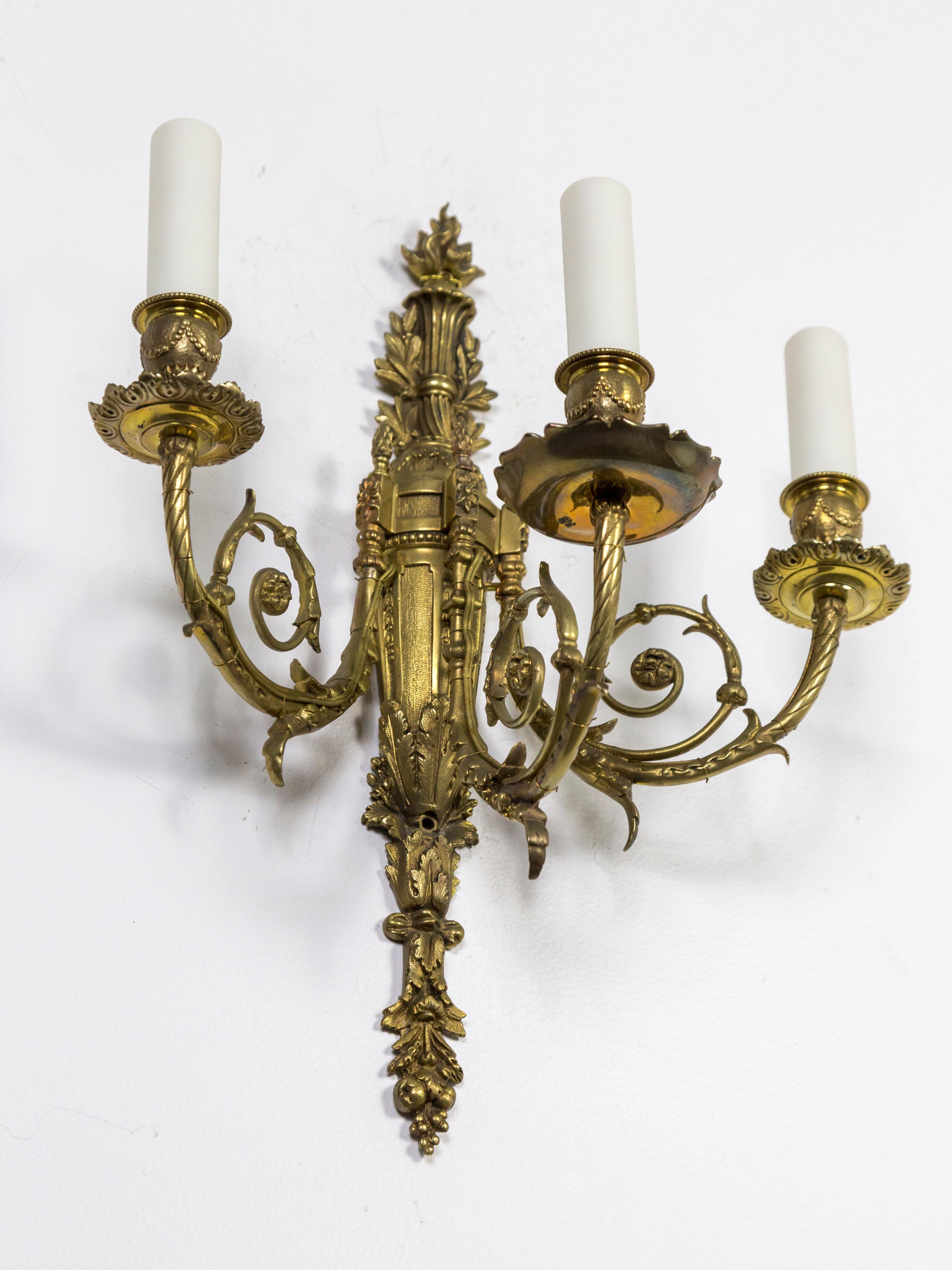Detailed 2nd Empire Brass 3-Arm Sconces 'Pair' 7