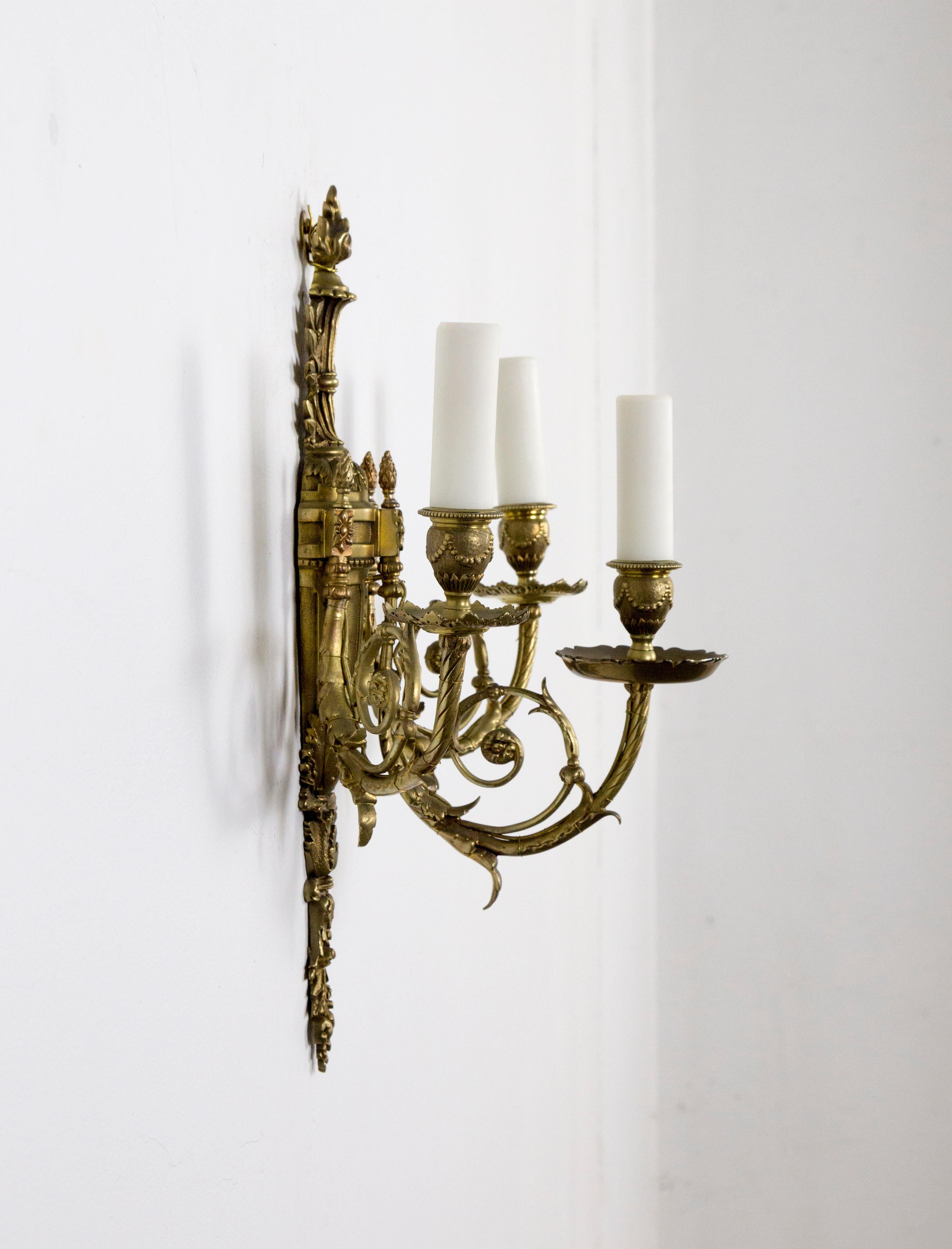 French Detailed 2nd Empire Brass 3-Arm Sconces 'Pair'