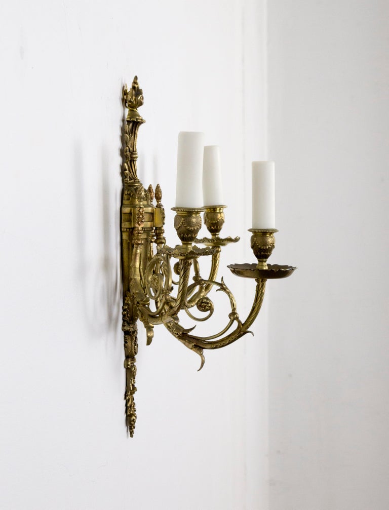 French Detailed 2nd Empire Brass 3-Arm Sconces 'Pair' For Sale