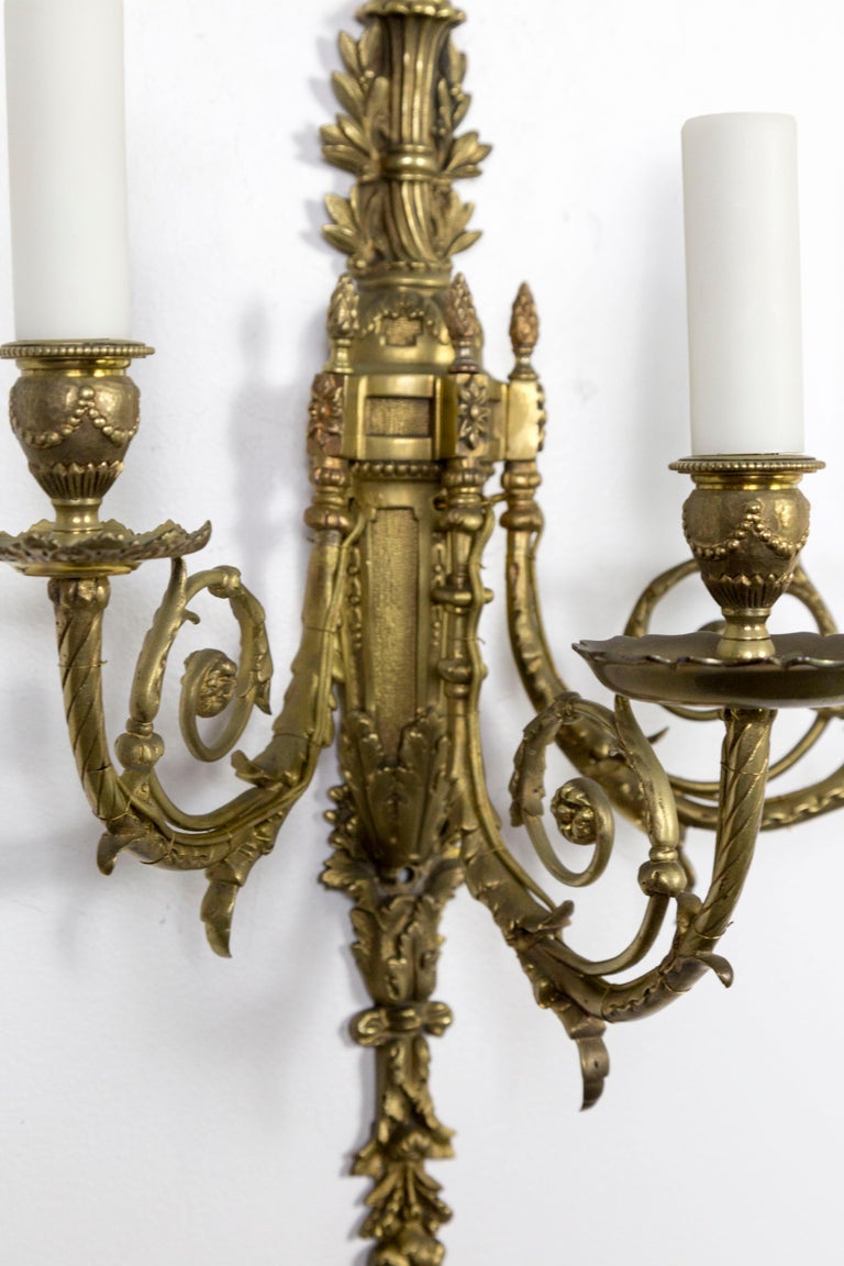 Detailed 2nd Empire Brass 3-Arm Sconces 'Pair' In Good Condition For Sale In San Francisco, CA