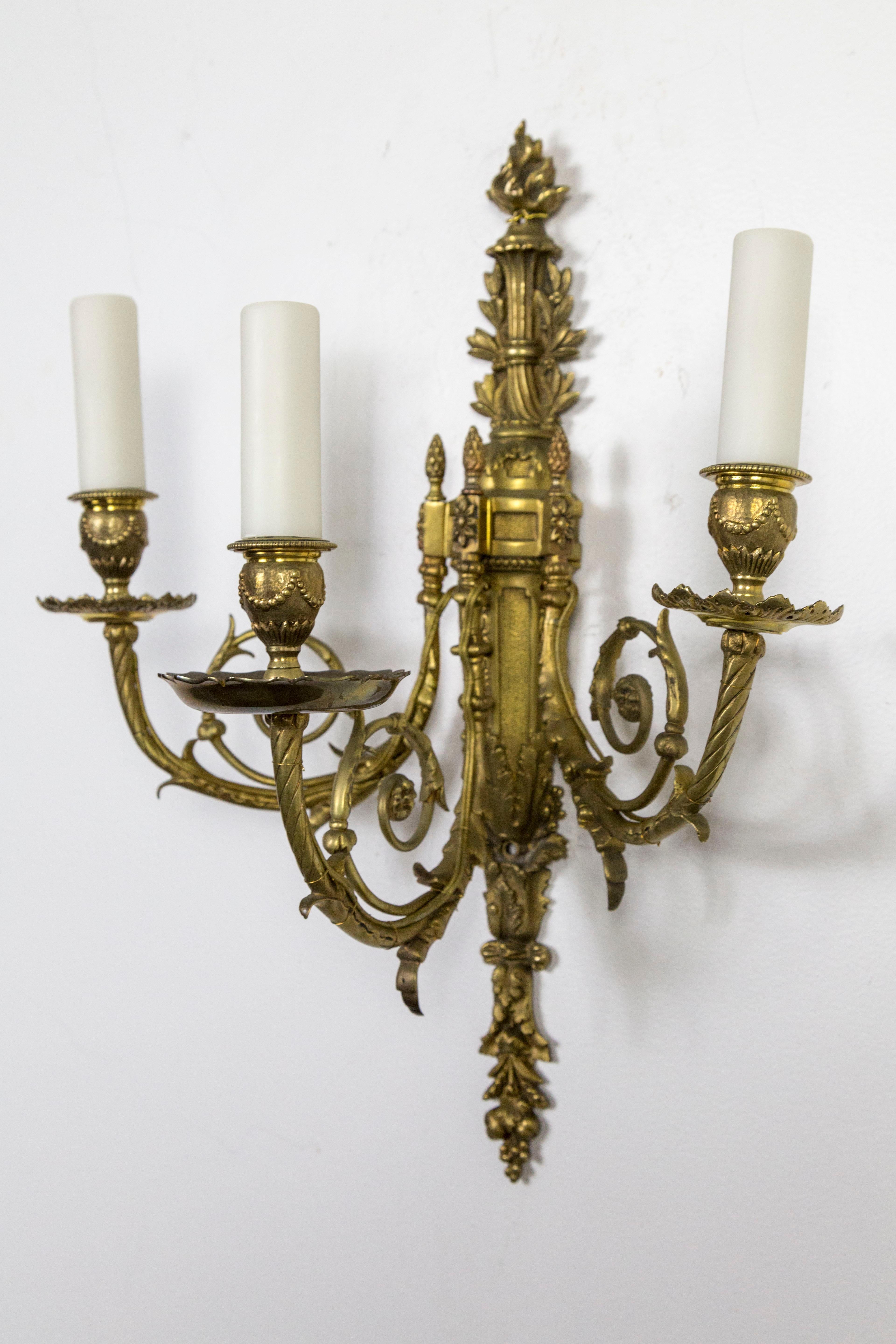 Late 19th Century Detailed 2nd Empire Brass 3-Arm Sconces 'Pair'