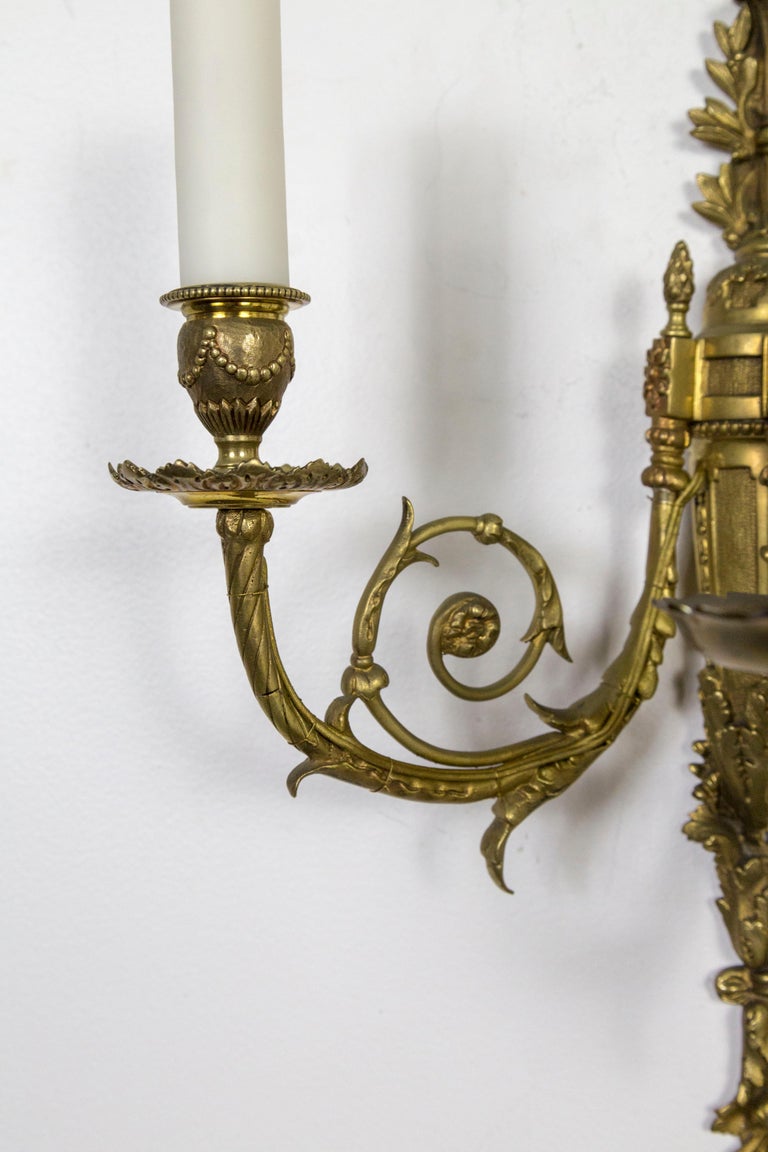 Detailed 2nd Empire Brass 3-Arm Sconces 'Pair' For Sale 1