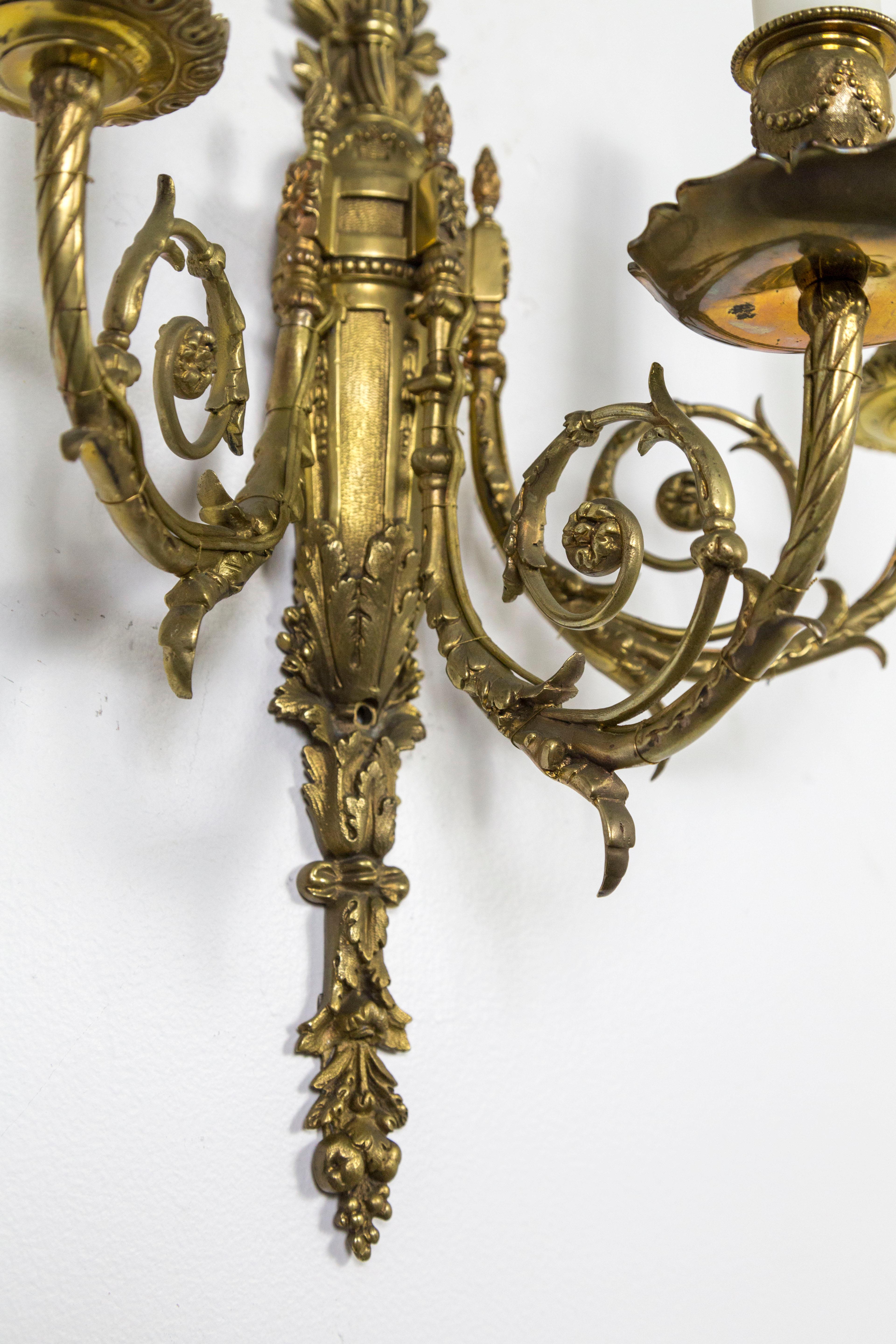 Detailed 2nd Empire Brass 3-Arm Sconces 'Pair' 3
