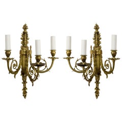 Detailed 2nd Empire Brass 3-Arm Sconces 'Pair'