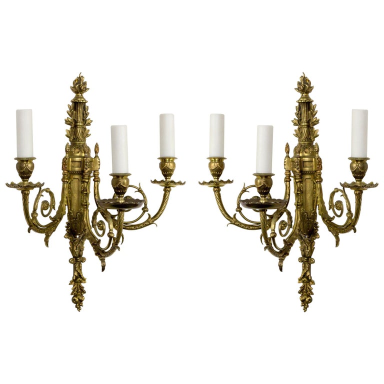 Detailed 2nd Empire Brass 3-Arm Sconces 'Pair' For Sale