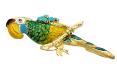 Detailed 3D Parrot Brooch in 18 Karat Yellow Gold with Ruby and Turquoise Stones