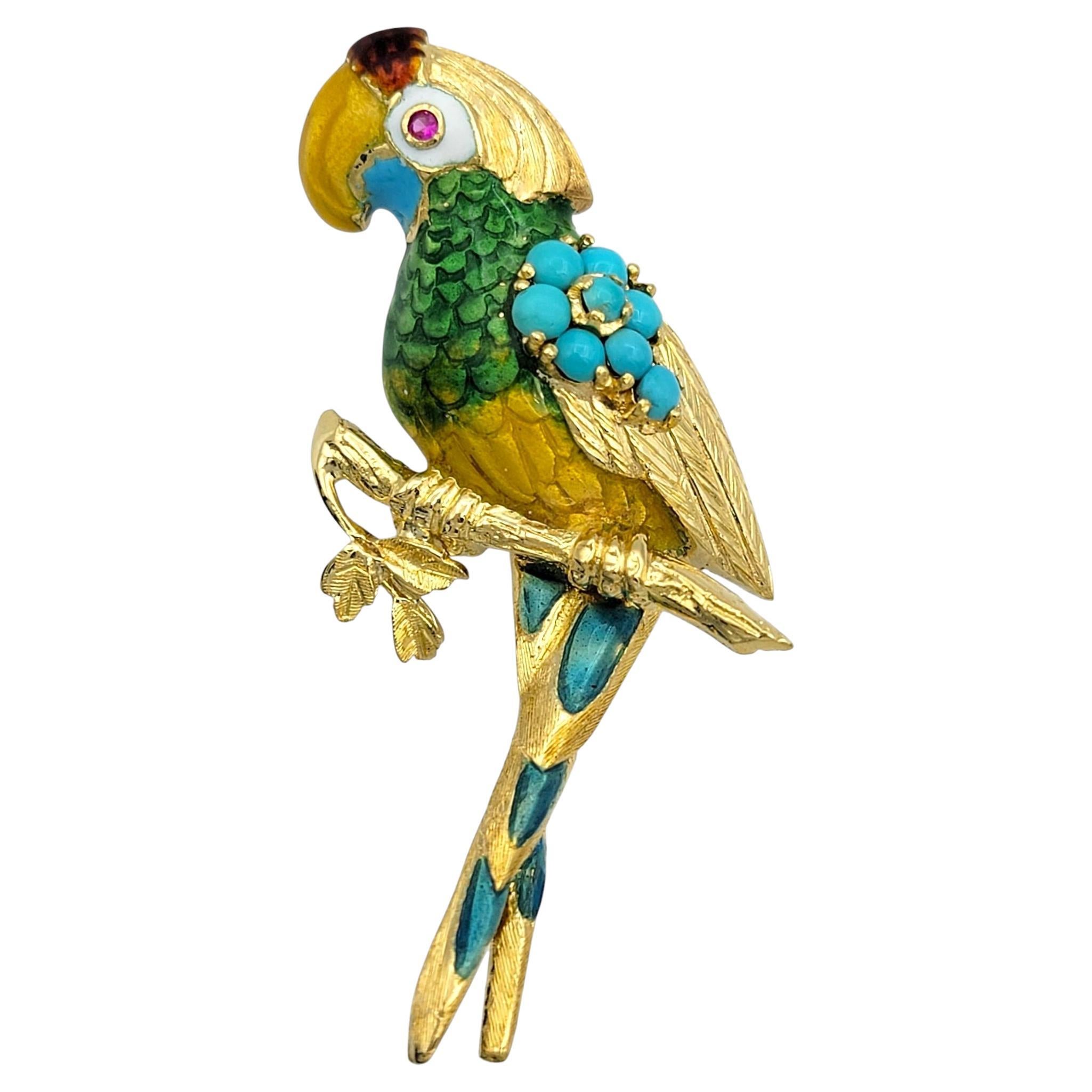 Detailed 3D Parrot Brooch in 18 Karat Yellow Gold with Ruby and Turquoise Stones