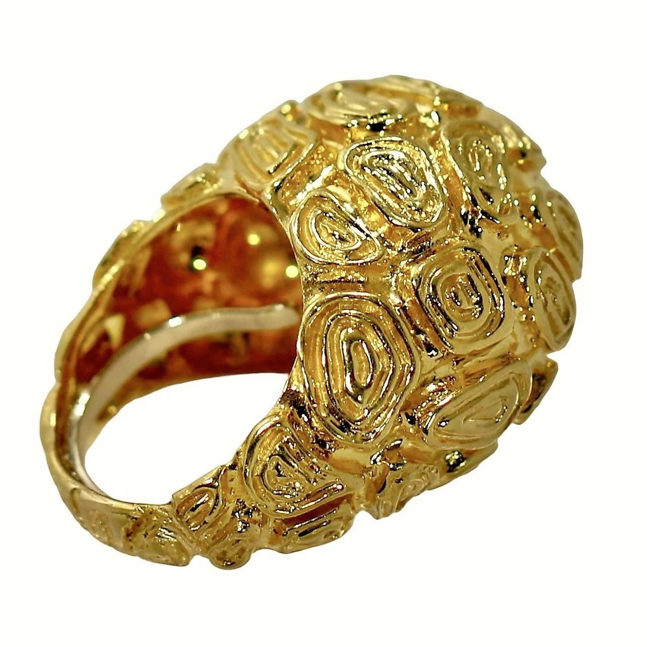 Detailed and Dramatic 18k Yellow Gold Large Scale Modernist Dome Ring For Sale 1