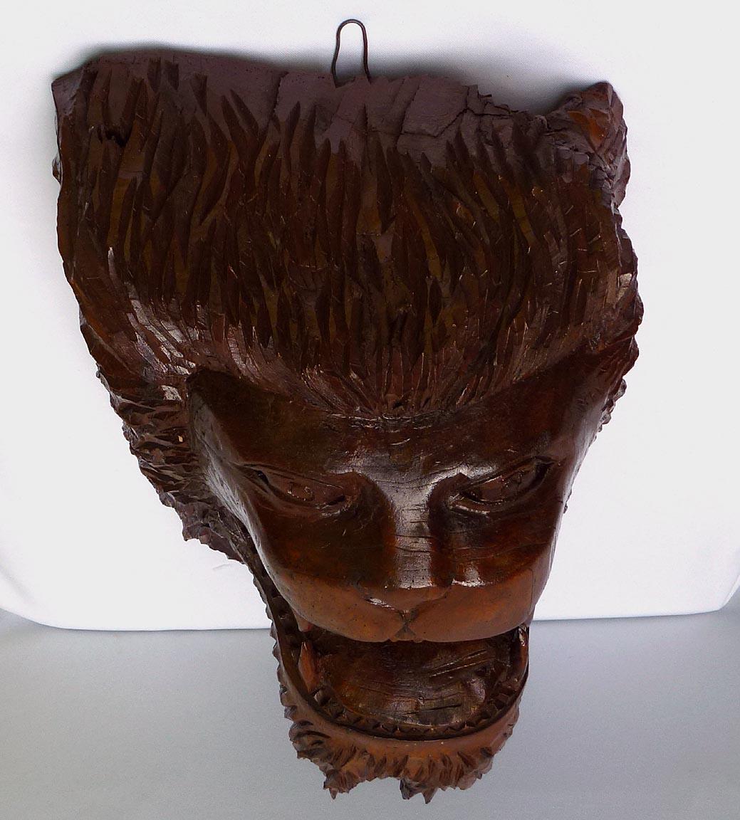 Folk Art Detailed and Extremely Striking and Strong Wood Carving of a Lion's Head For Sale