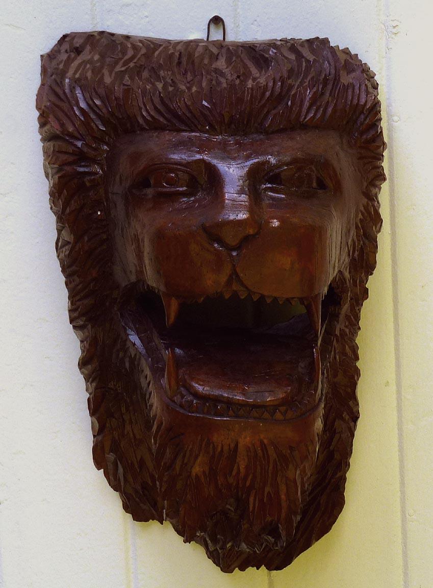 Hand-Carved Detailed and Extremely Striking and Strong Wood Carving of a Lion's Head For Sale