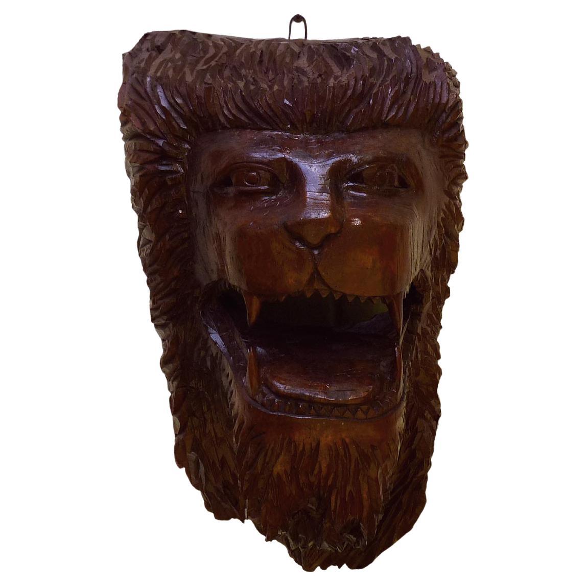 Detailed and Extremely Striking and Strong Wood Carving of a Lion's Head For Sale