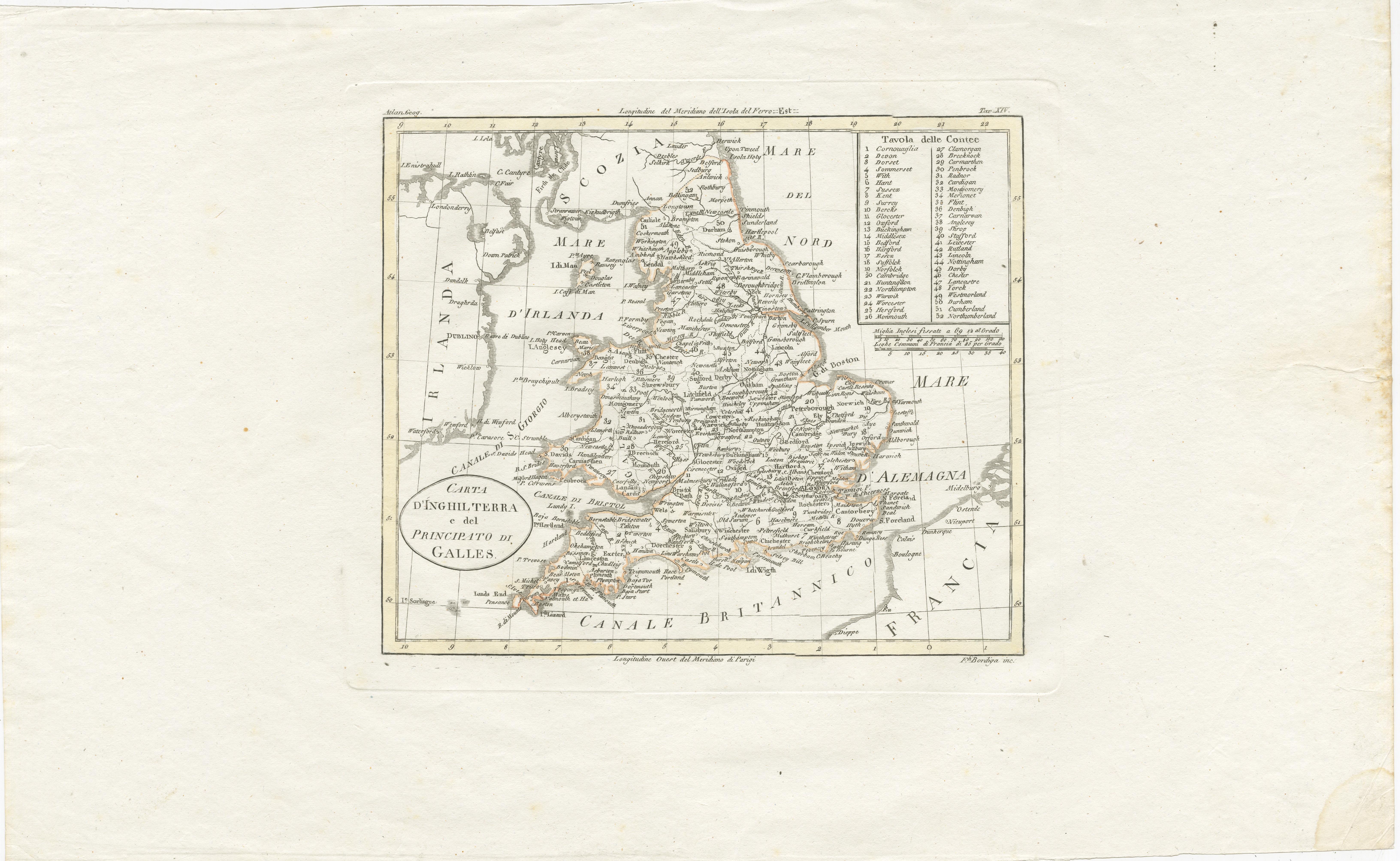 Antique map titled 'Carta d'Inghilterra e del Principato di Galles'. Detailed map of Britain, Wales and the coast of Ireland with a list of counties. This map originates from 'Nuovo Atlante Di Geografia Universale (..)' published in Milan by Batelli