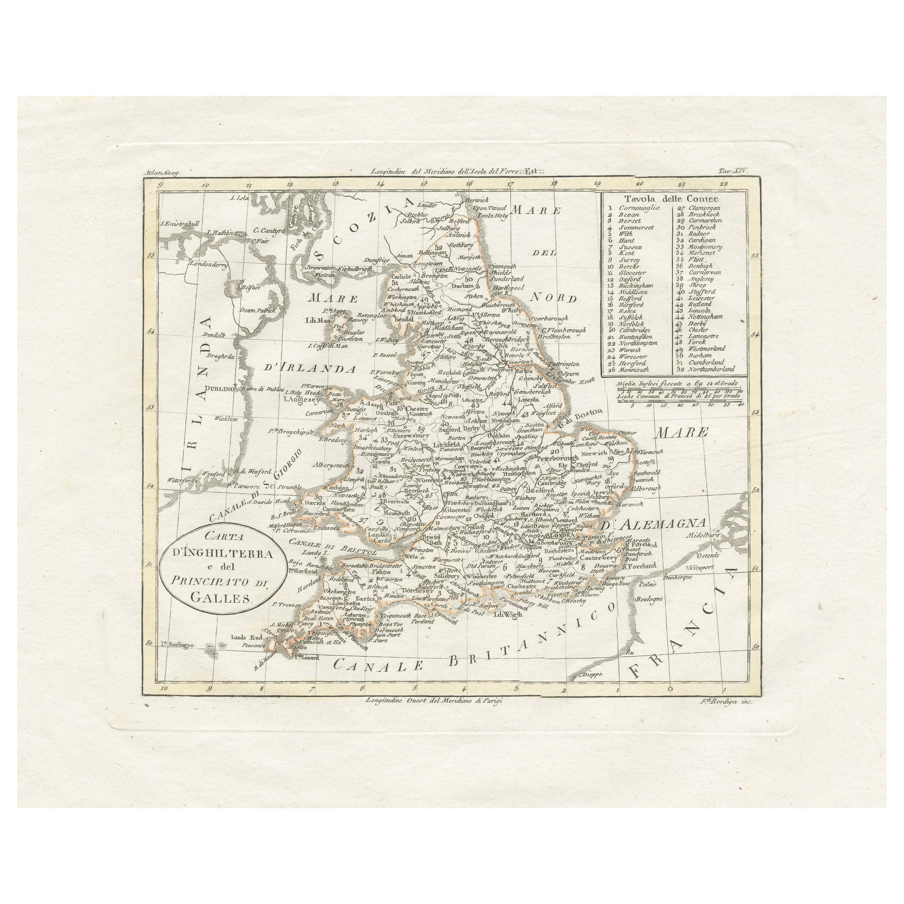 Carte ancienne détaillée de Grande-Bretagne, du Pays de Galles et de la côte d'Irlande en vente