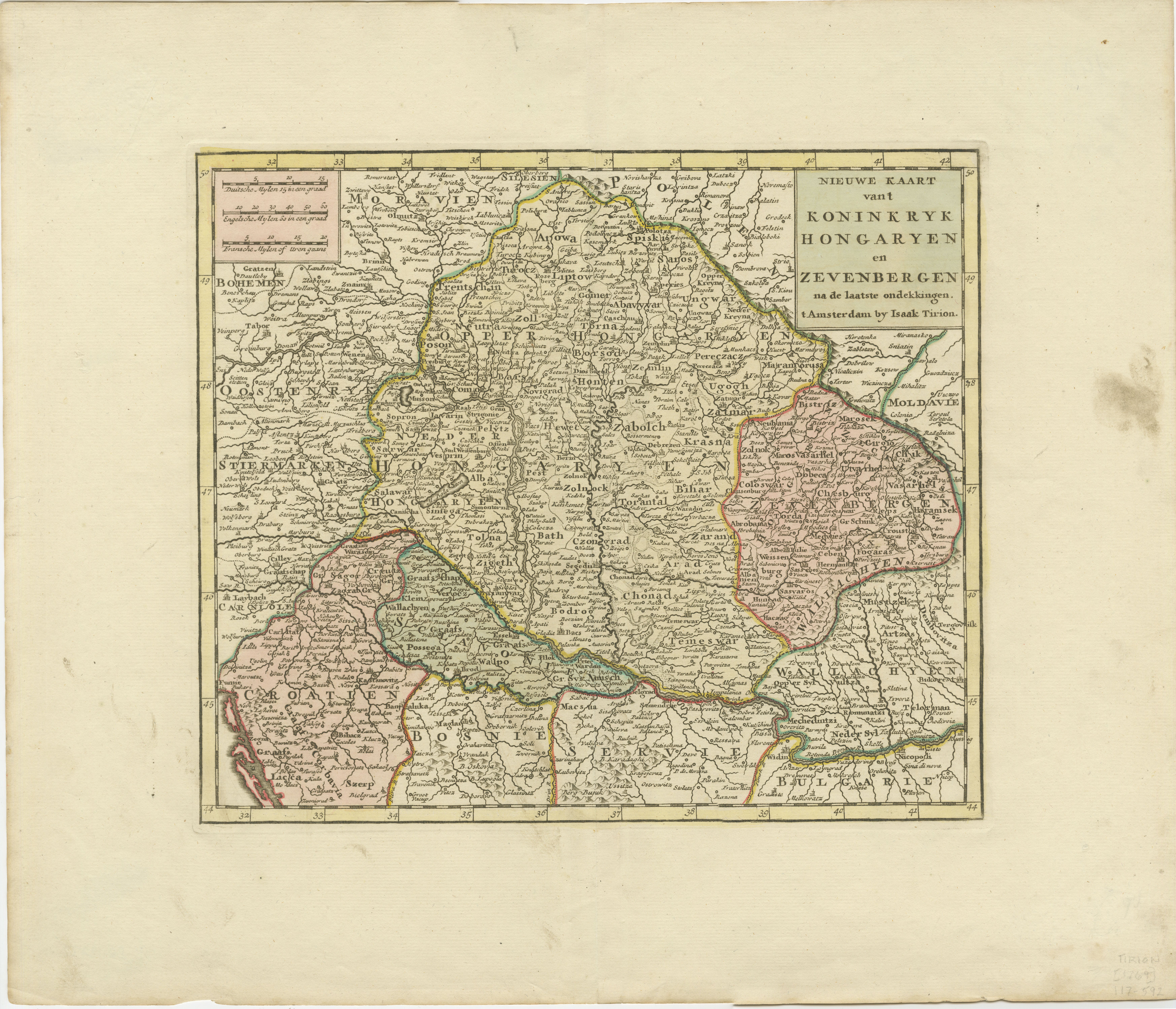 Titel:  Nieuwe Kaart van't Koninkryk Hongaryen en Zevenbergen von Isaak Tirion, 1753 - Antike Karte von Ungarn und Siebenbürgen

Beschreibung:  Dies ist eine antike Karte aus dem Jahr 1753 mit dem Titel *Nieuwe Kaart van't Koninkryk Hongaryen en
