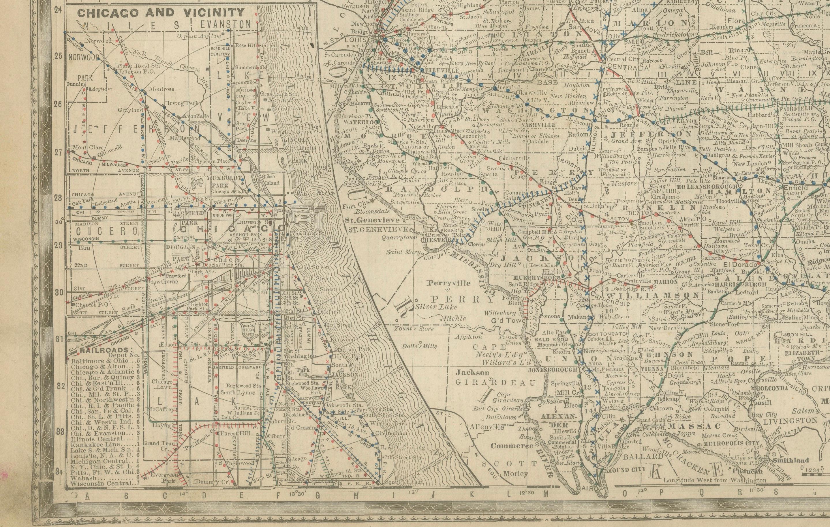 Americano Mappa antica dettagliata dell'Illinois - Ferrovie, città e contee, 1888 in vendita
