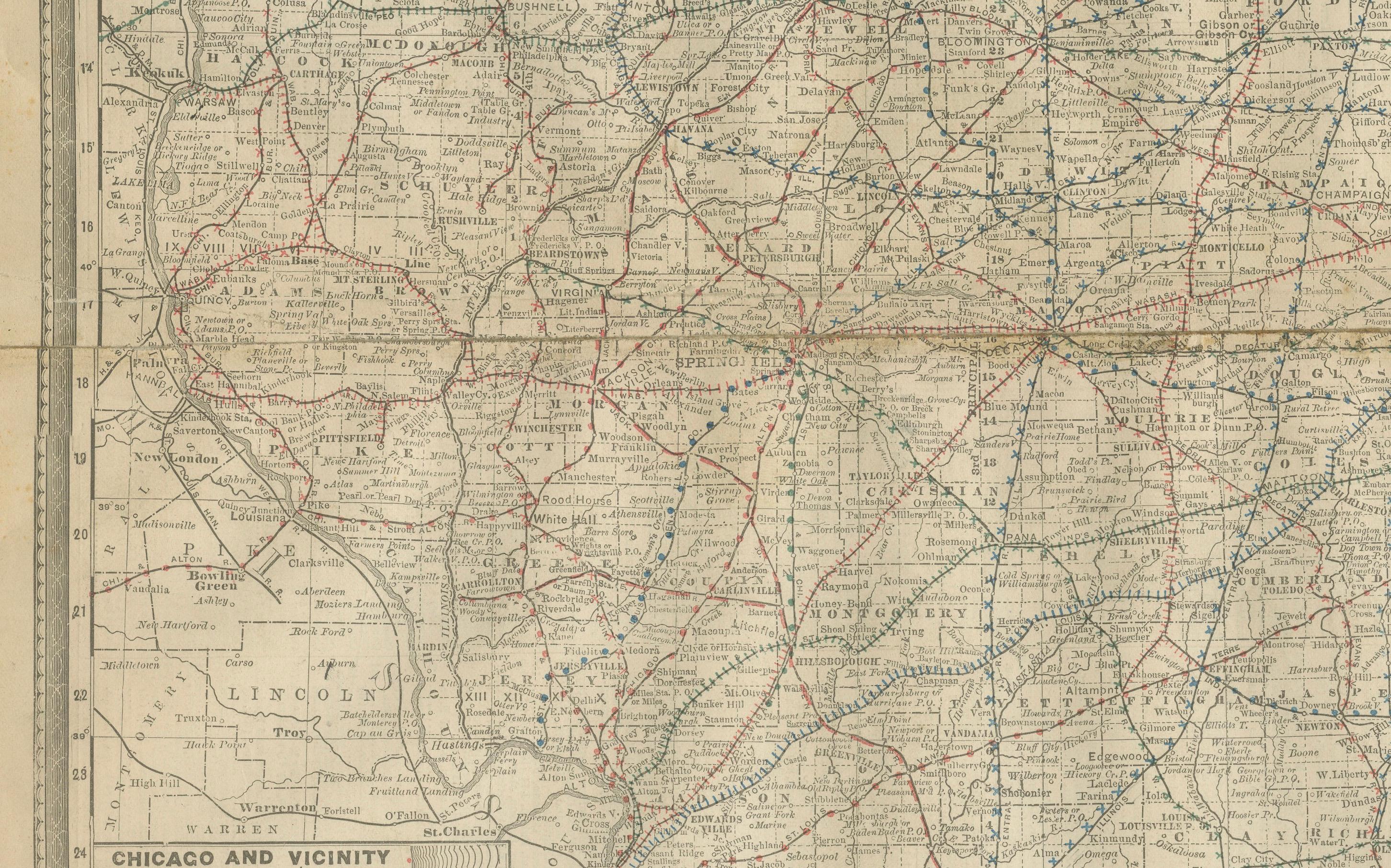 Inciso Mappa antica dettagliata dell'Illinois - Ferrovie, città e contee, 1888 in vendita