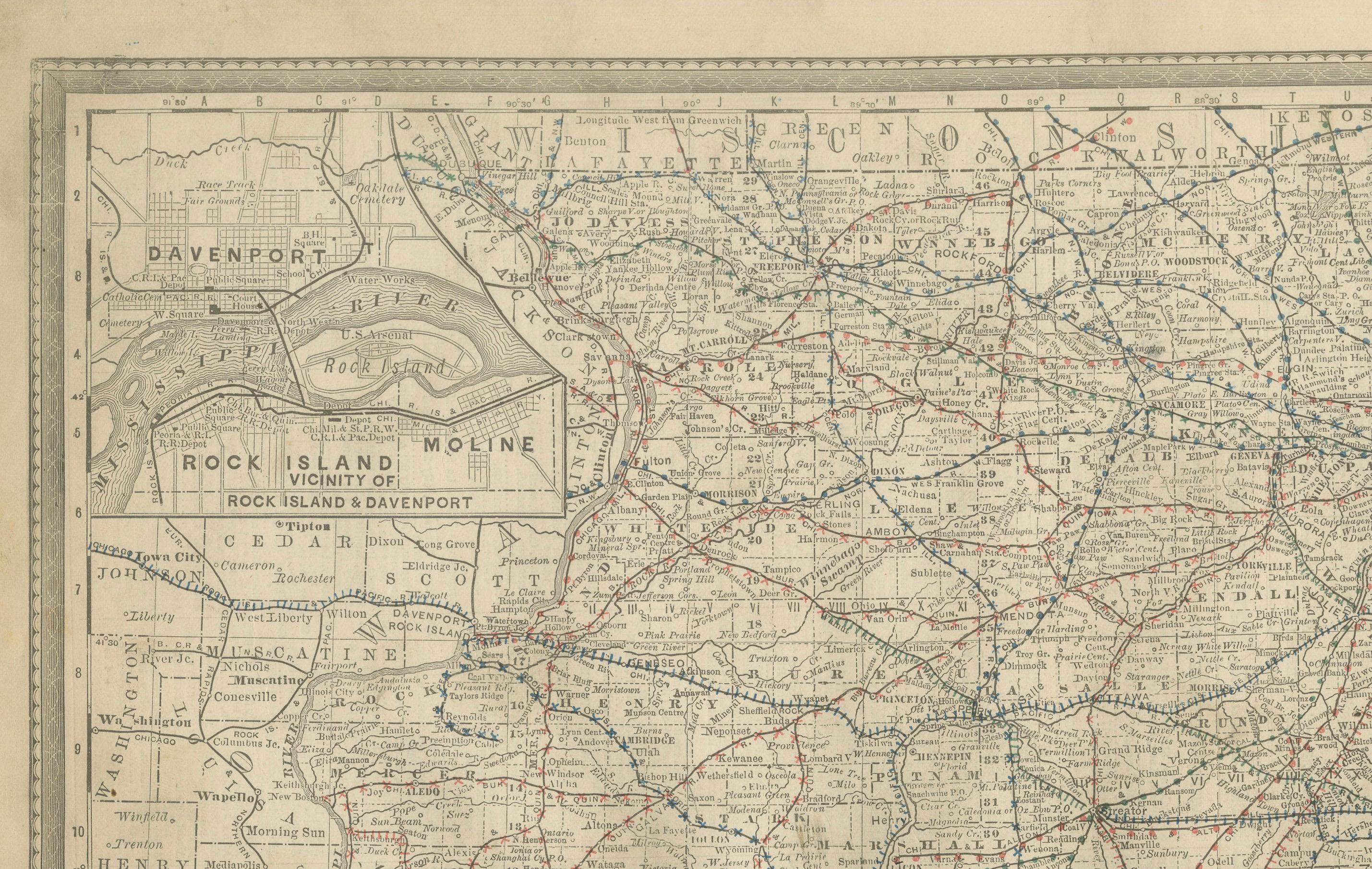 Mappa antica dettagliata dell'Illinois - Ferrovie, città e contee, 1888 In condizioni buone in vendita a Langweer, NL