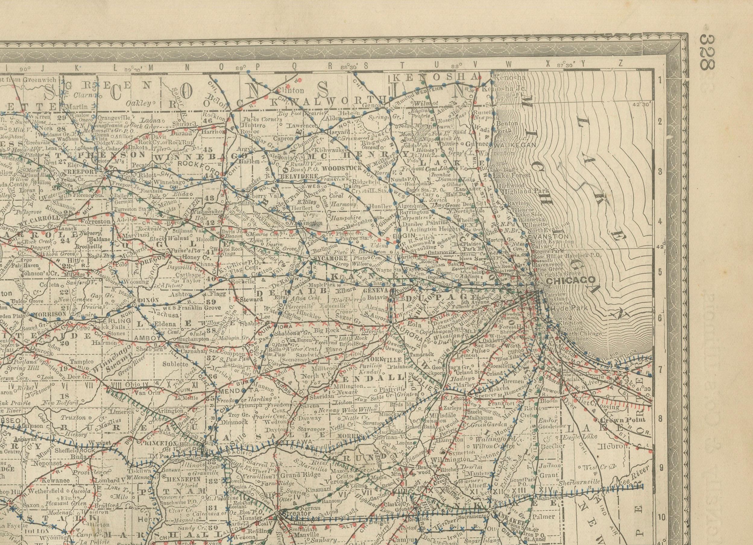 XIX secolo Mappa antica dettagliata dell'Illinois - Ferrovie, città e contee, 1888 in vendita